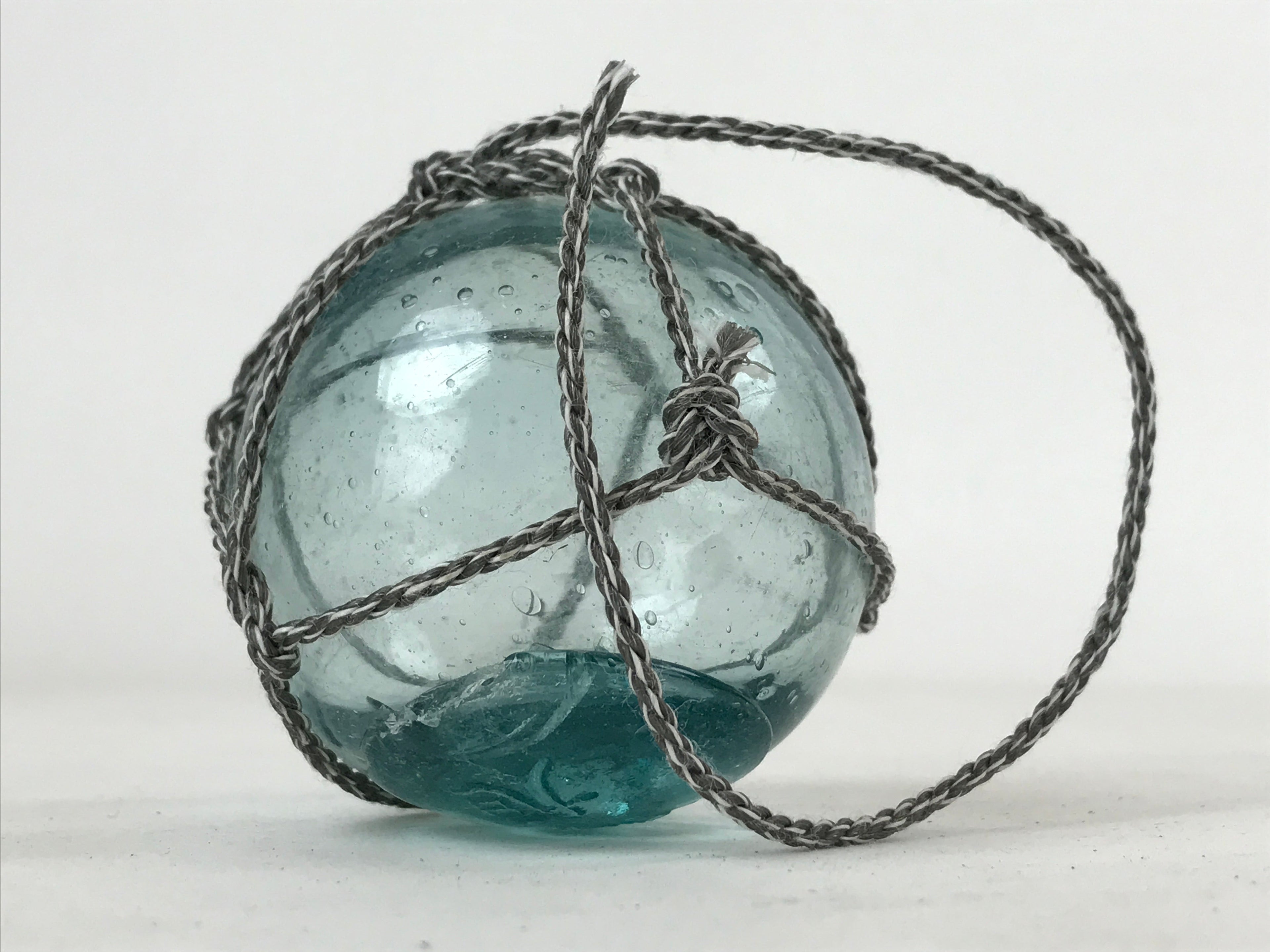 Japanese Glass Fishing Float Ukidama Buoy Ball Vtg Bindama Rope Small Blue GF19