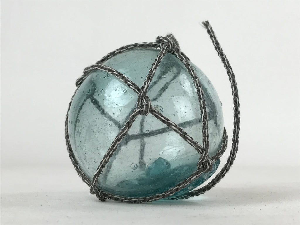 Japanese Glass Fishing Float Ukidama Buoy Ball Vtg Bindama Rope Small Blue GF19