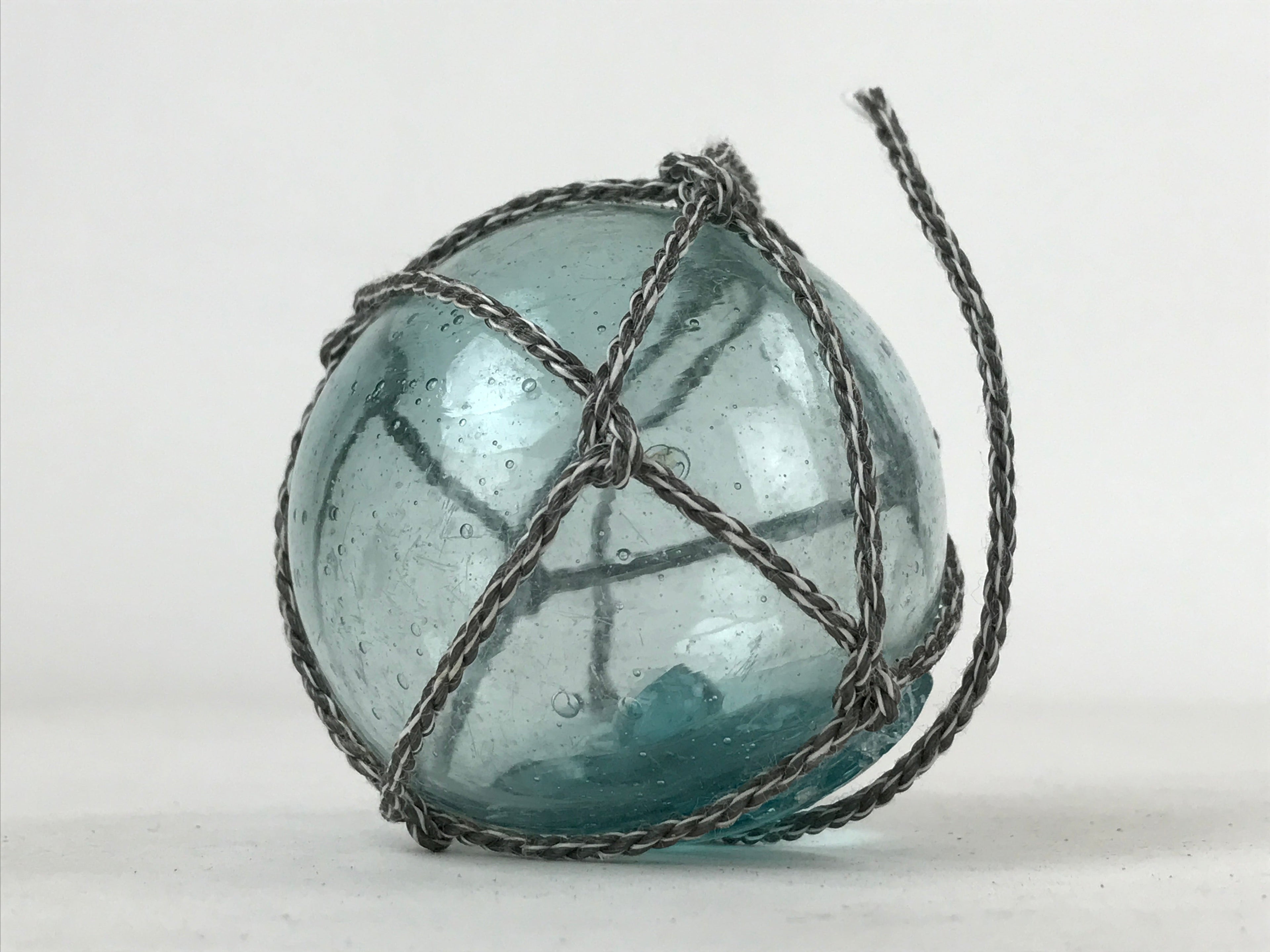Japanese Glass Fishing Float Ukidama Buoy Ball Vtg Bindama Rope Small Blue GF19