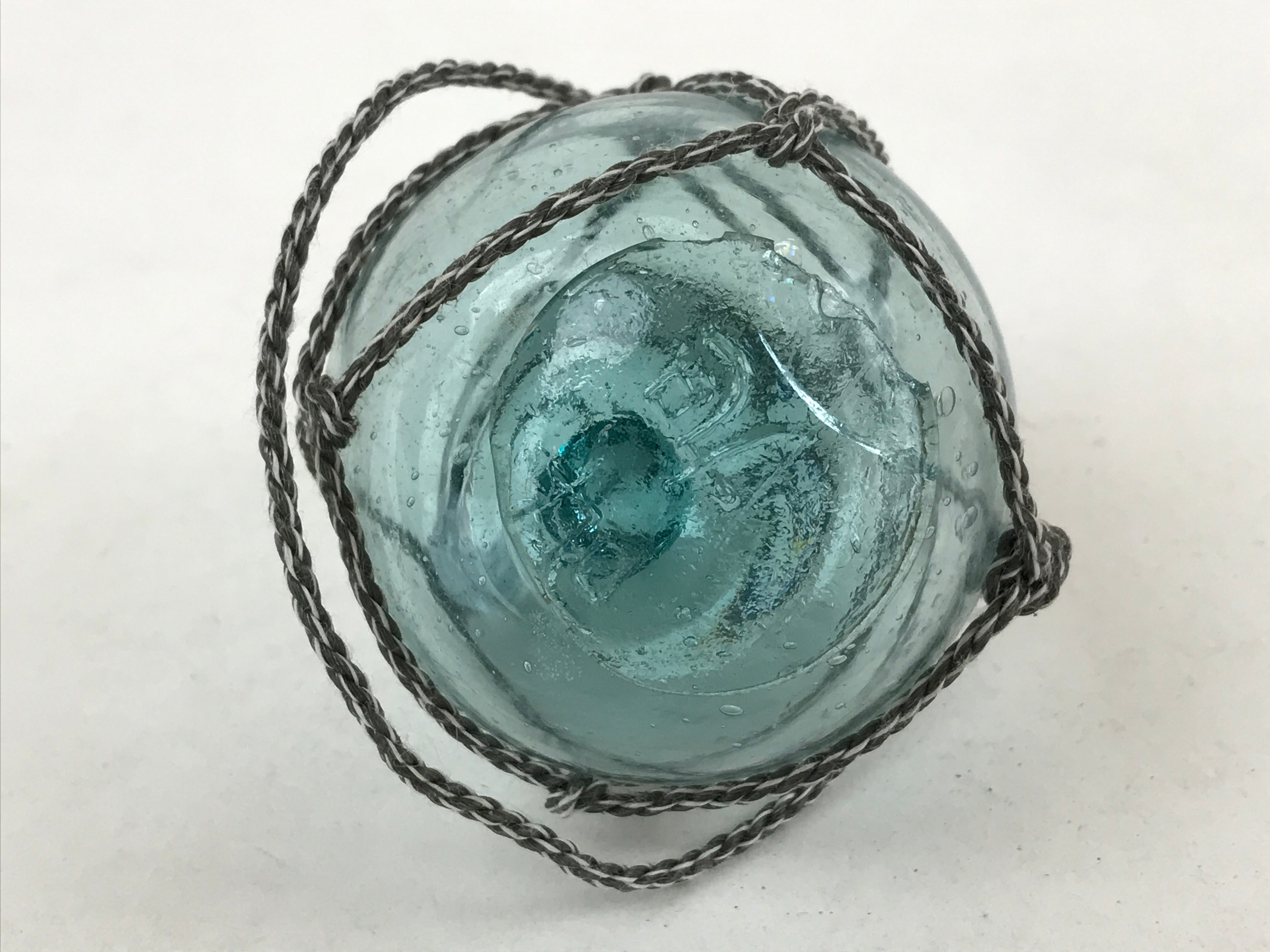 Japanese Glass Fishing Float Ukidama Buoy Ball Vtg Bindama Rope Small Blue GF19