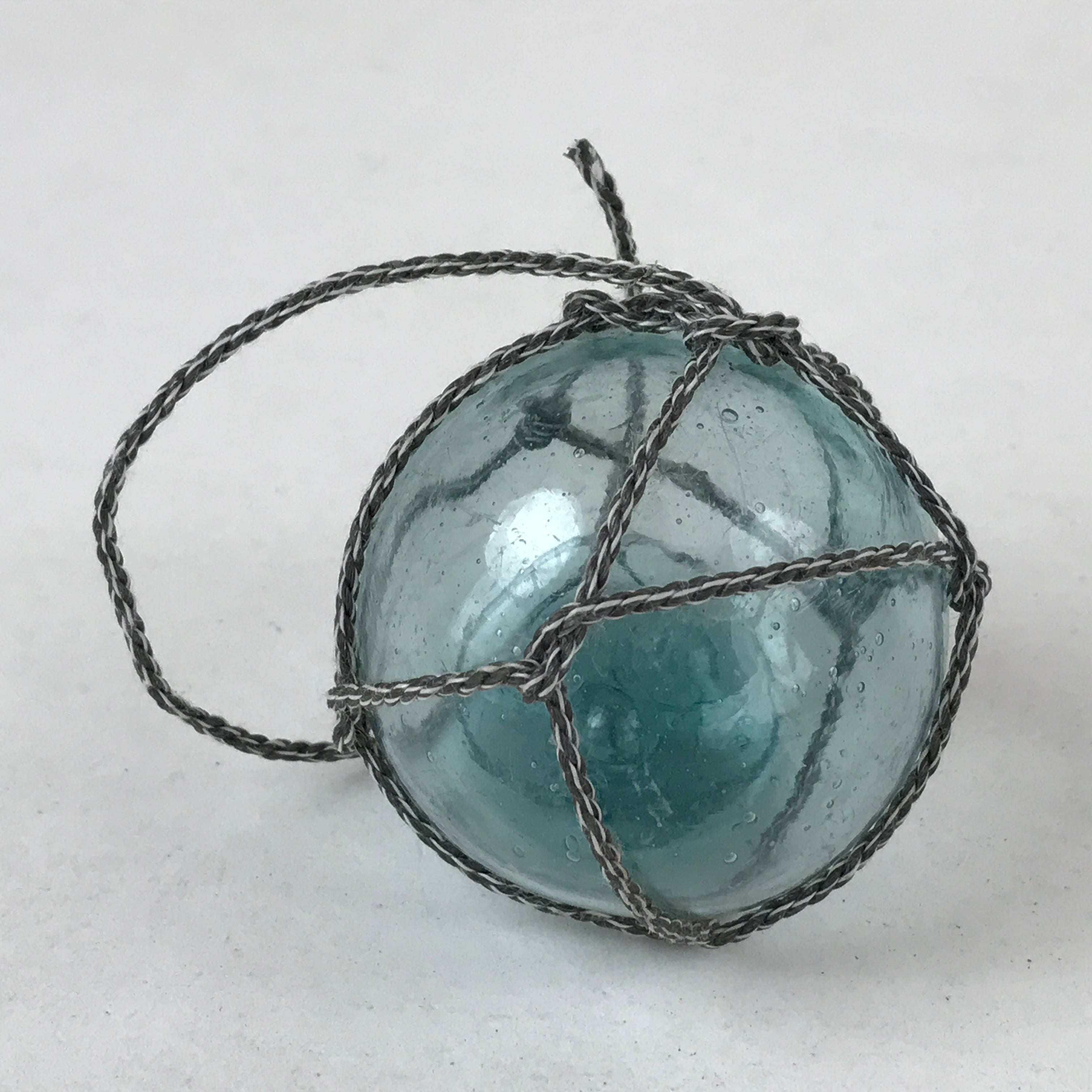 Japanese Glass Fishing Float Ukidama Buoy Ball Vtg Bindama Rope Small Blue GF19