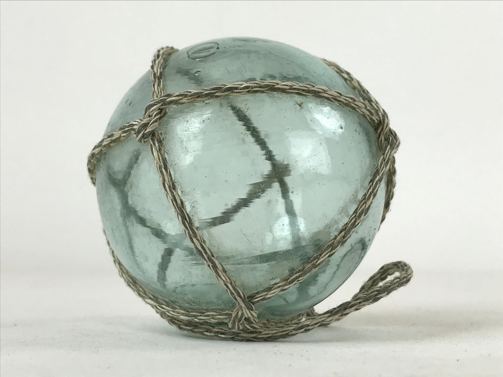 Japanese Glass Fishing Float Ukidama Buoy Ball Vtg Bindama Rope Small Blue GF20