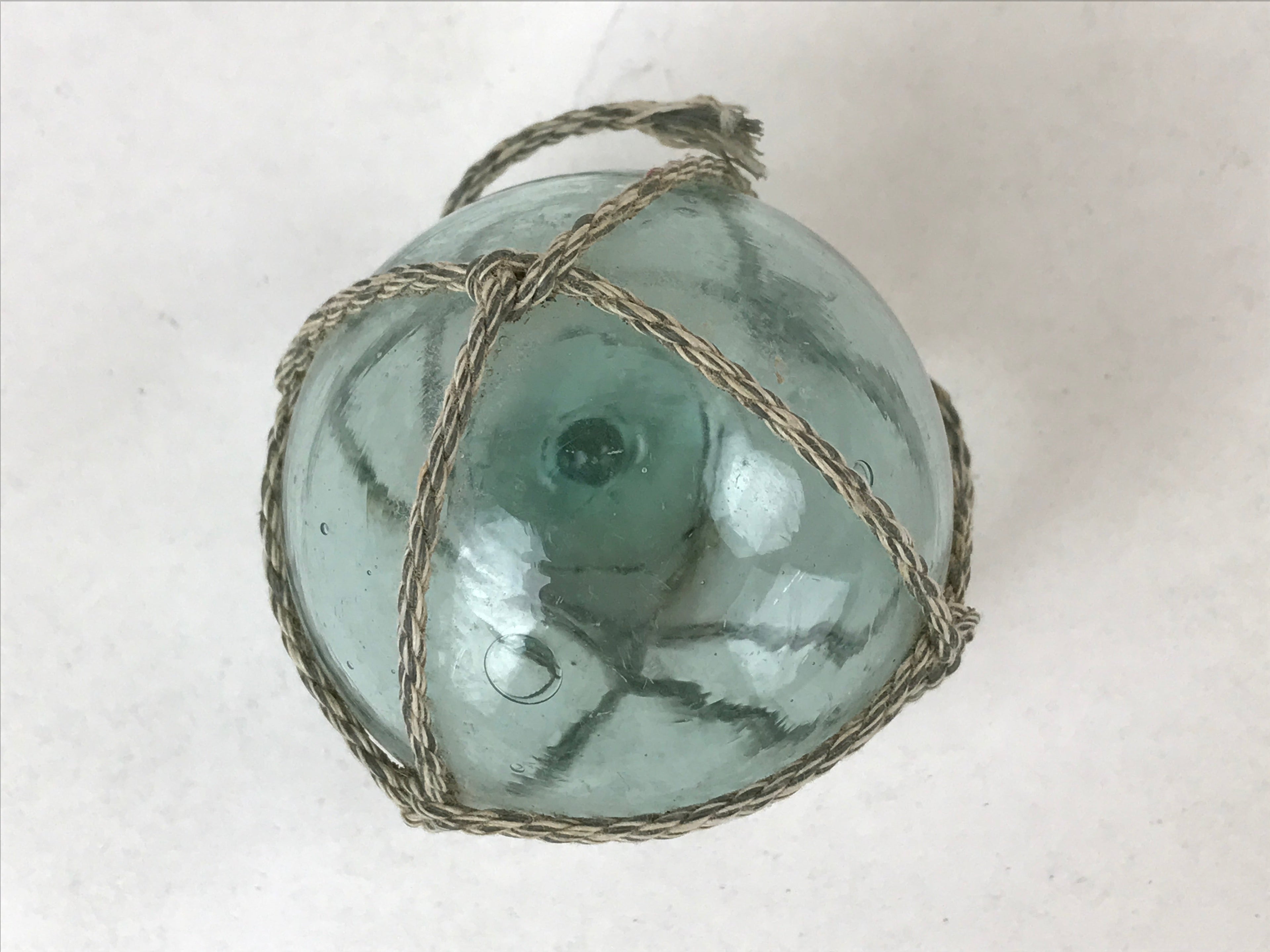 Japanese Glass Fishing Float Ukidama Buoy Ball Vtg Bindama Rope Small Blue GF20
