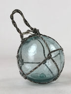 Japanese Glass Fishing Float Ukidama Buoy Ball Vtg Bindama Rope Small Blue GF21