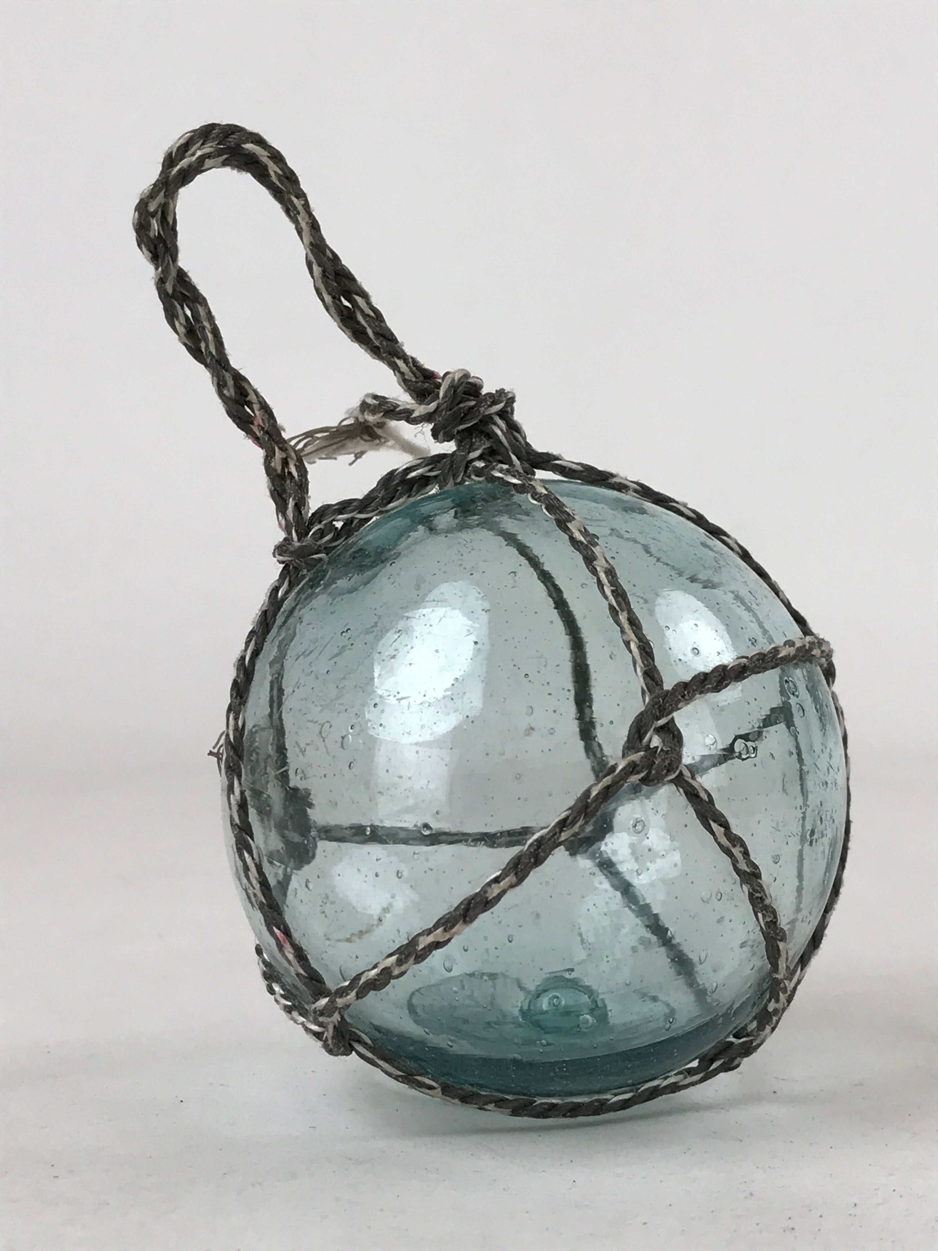 Japanese Glass Fishing Float Ukidama Buoy Ball Vtg Bindama Rope Small Blue GF21
