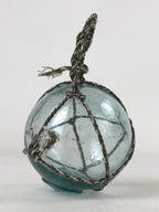 Japanese Glass Fishing Float Ukidama Buoy Ball Vtg Bindama Rope Small Blue GF21