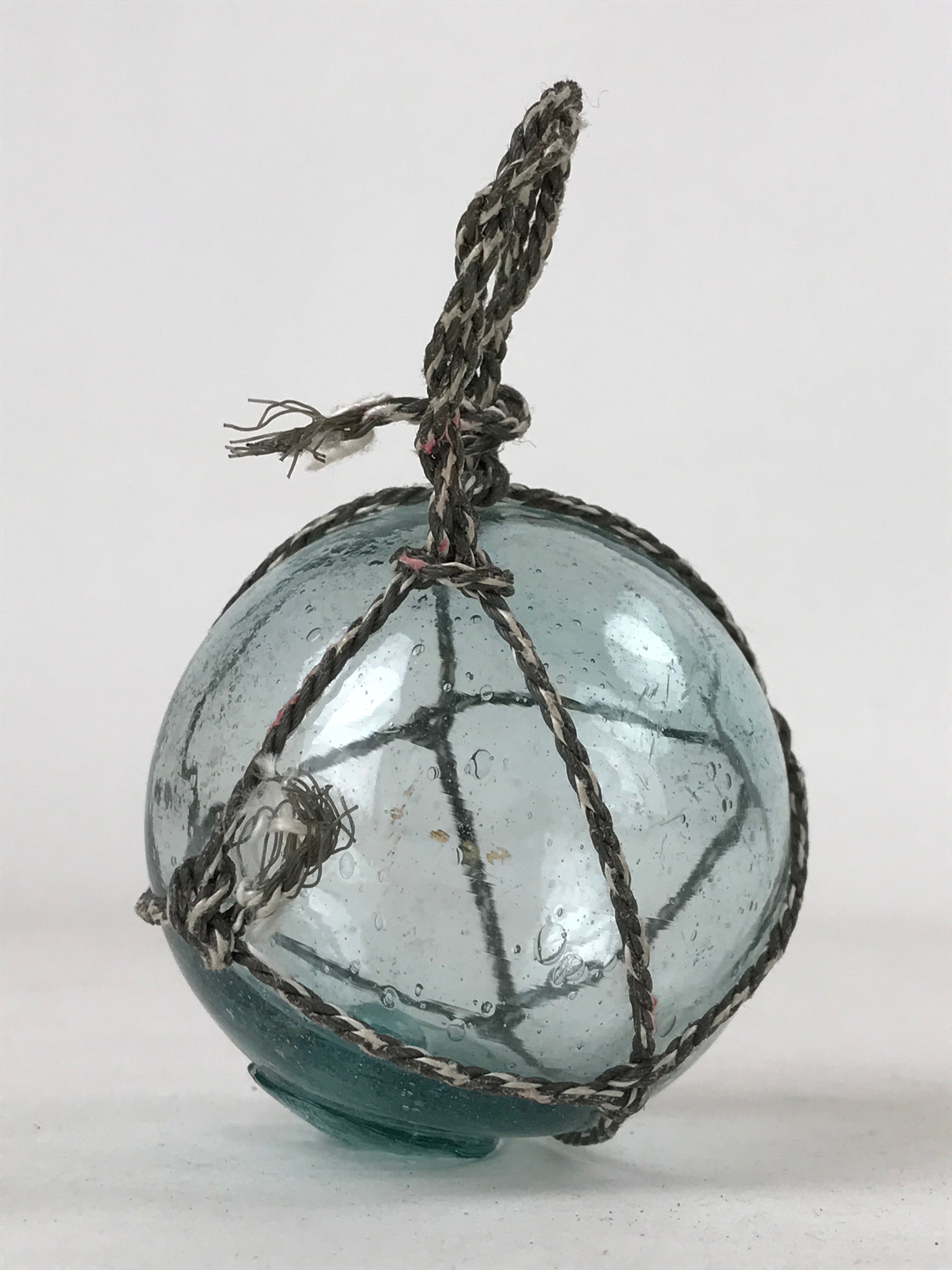 Japanese Glass Fishing Float Ukidama Buoy Ball Vtg Bindama Rope Small Blue GF21