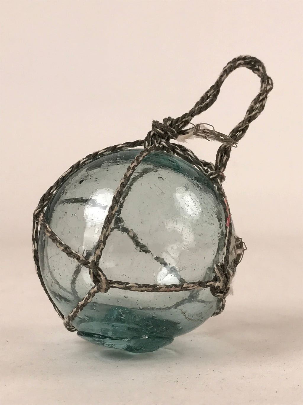 Japanese Glass Fishing Float Ukidama Buoy Ball Vtg Bindama Rope Small Blue GF21