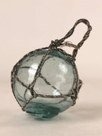 Japanese Glass Fishing Float Ukidama Buoy Ball Vtg Bindama Rope Small Blue GF21