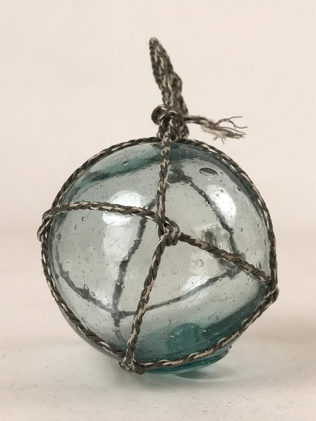 Japanese Glass Fishing Float Ukidama Buoy Ball Vtg Bindama Rope Small Blue GF21