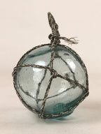 Japanese Glass Fishing Float Ukidama Buoy Ball Vtg Bindama Rope Small Blue GF21