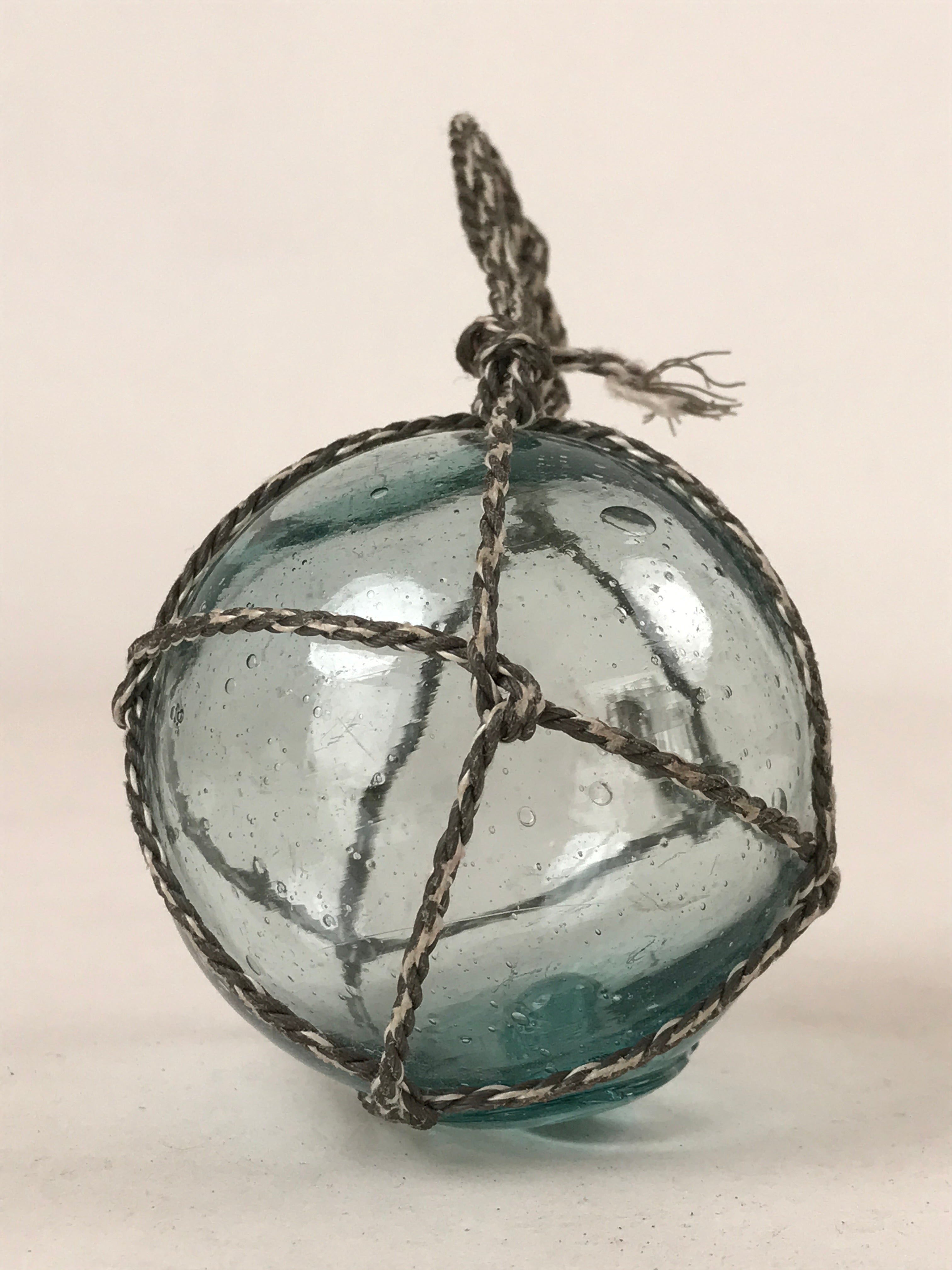 Japanese Glass Fishing Float Ukidama Buoy Ball Vtg Bindama Rope Small Blue GF21