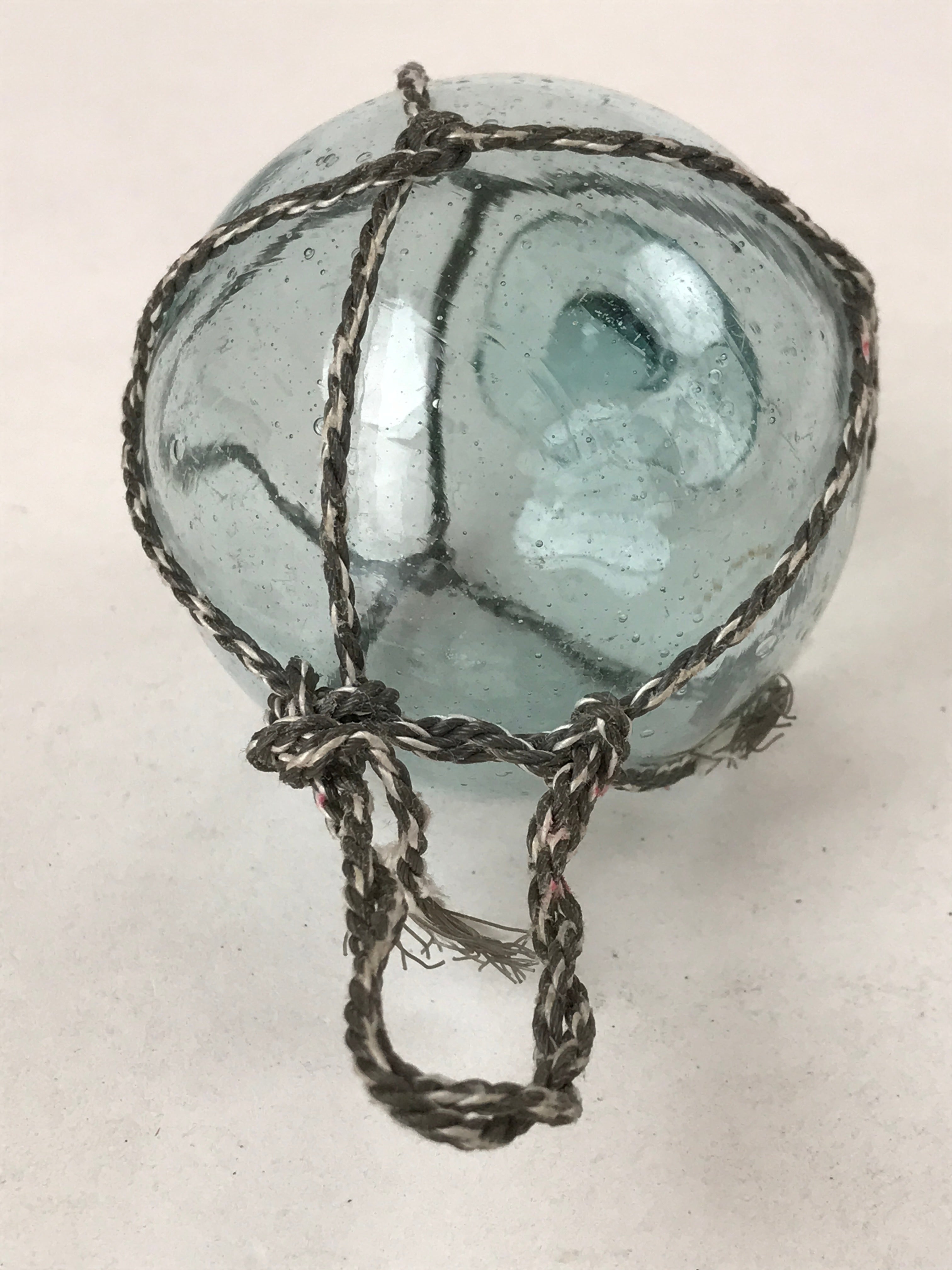 Japanese Glass Fishing Float Ukidama Buoy Ball Vtg Bindama Rope Small Blue GF21