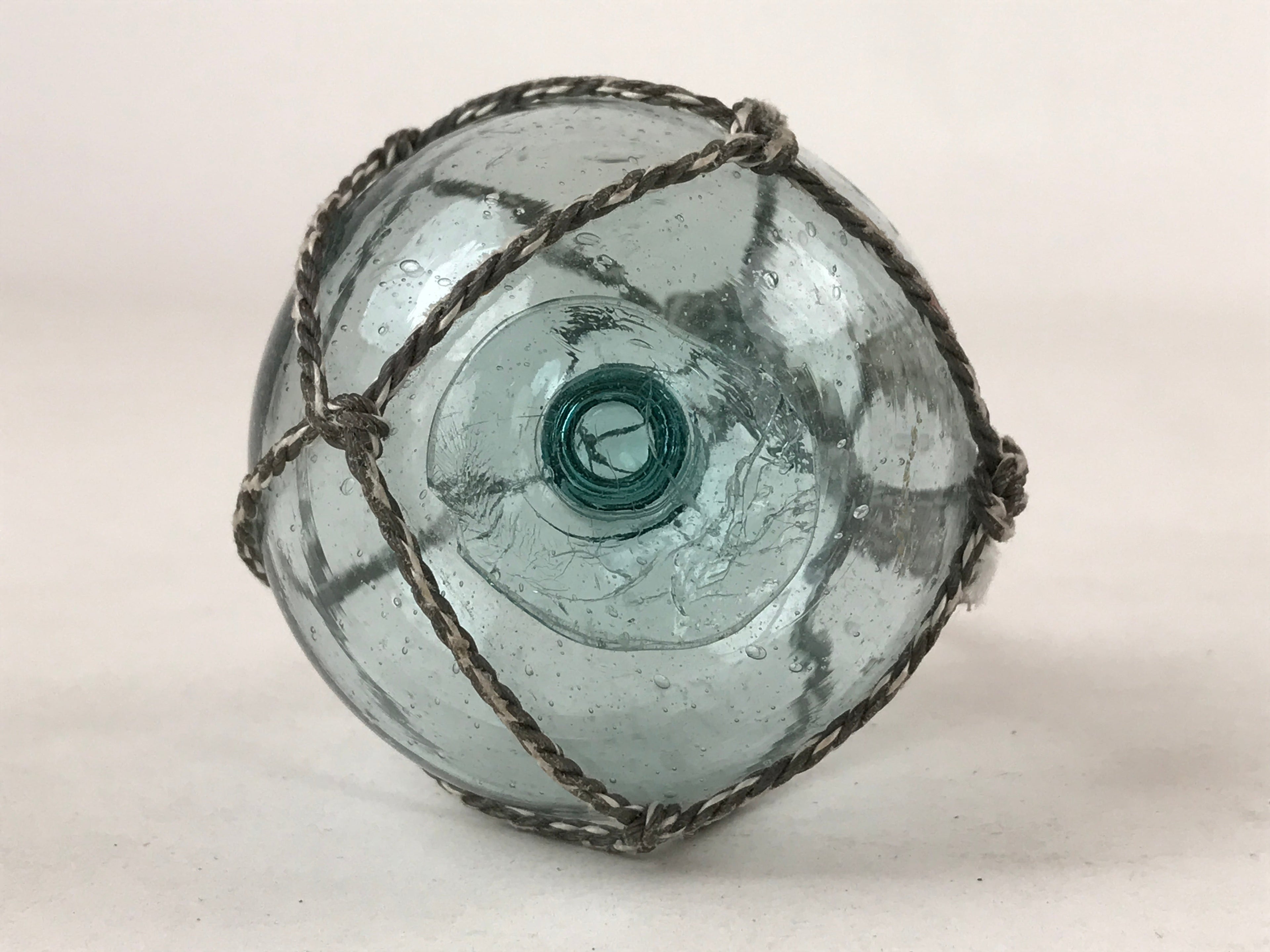 Japanese Glass Fishing Float Ukidama Buoy Ball Vtg Bindama Rope Small Blue GF21