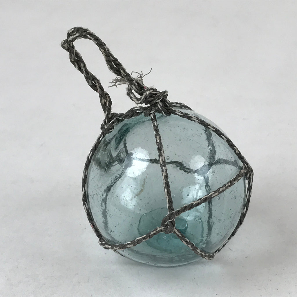 Japanese Glass Fishing Float Ukidama Buoy Ball Vtg Bindama Rope Small Blue GF21