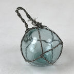 Japanese Glass Fishing Float Ukidama Buoy Ball Vtg Bindama Rope Small Blue GF21