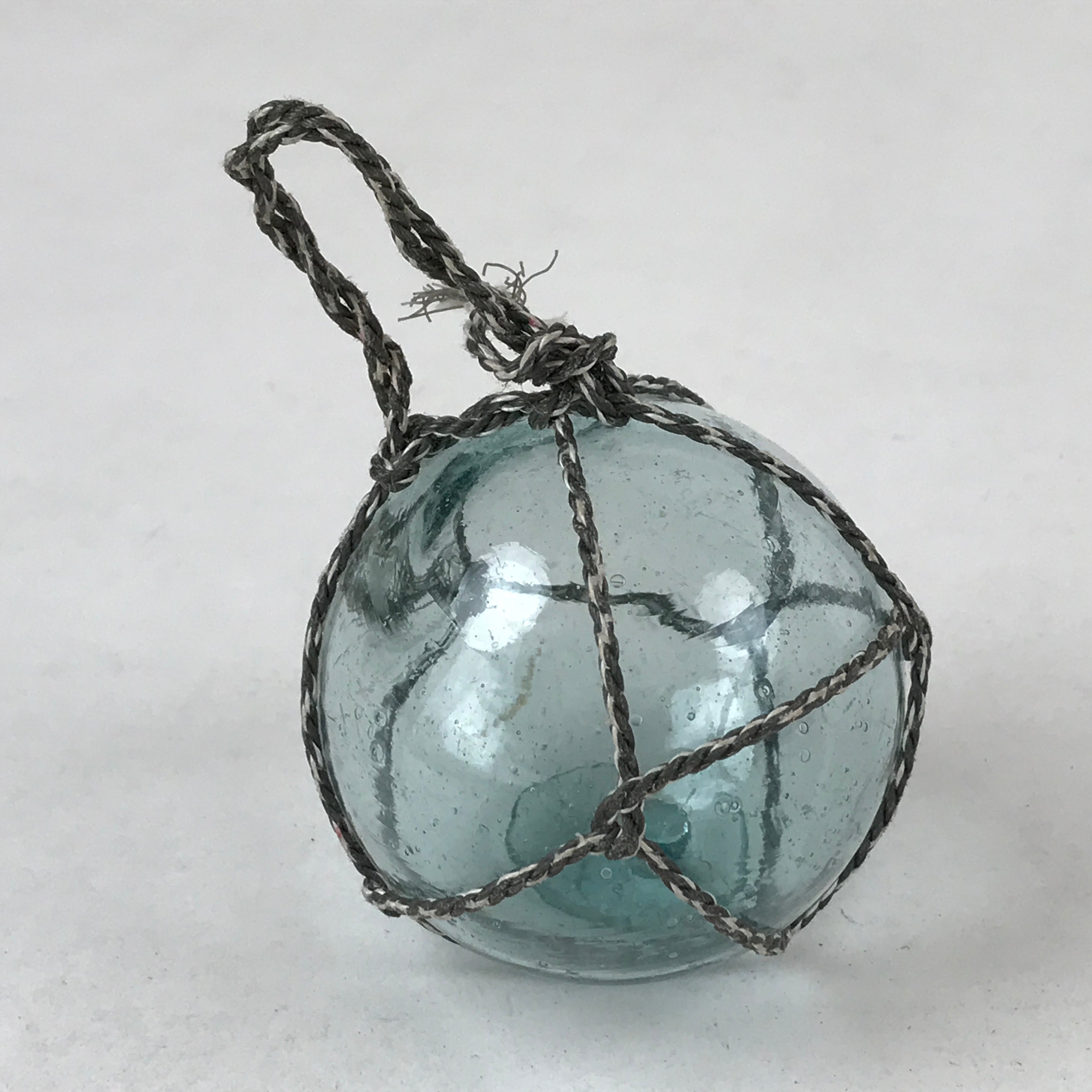Japanese Glass Fishing Float Ukidama Buoy Ball Vtg Bindama Rope Small Blue GF21