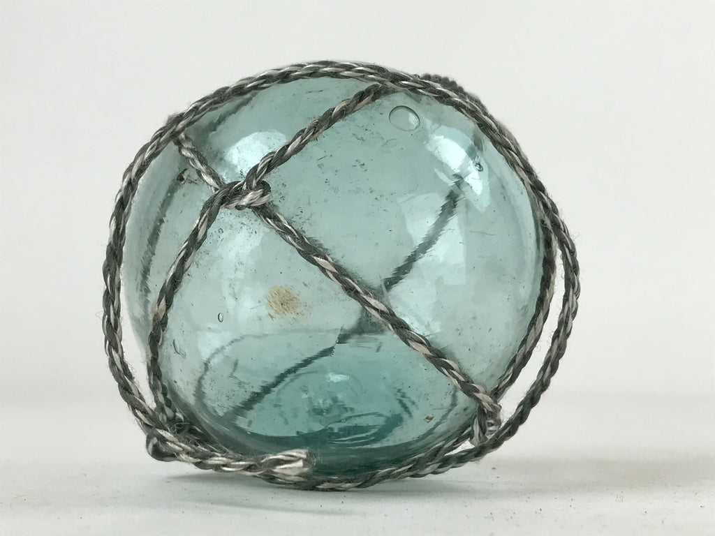 Japanese Glass Fishing Float Ukidama Buoy Ball Vtg Bindama Rope Small Blue GF22