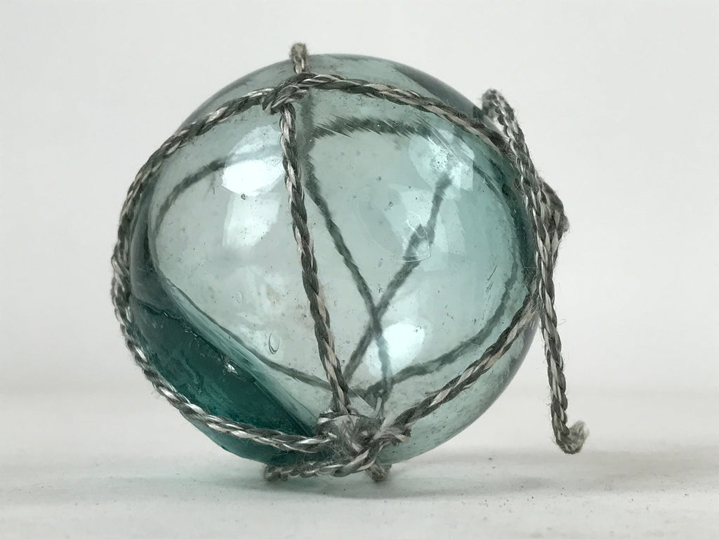 Japanese Glass Fishing Float Ukidama Buoy Ball Vtg Bindama Rope Small Blue GF22