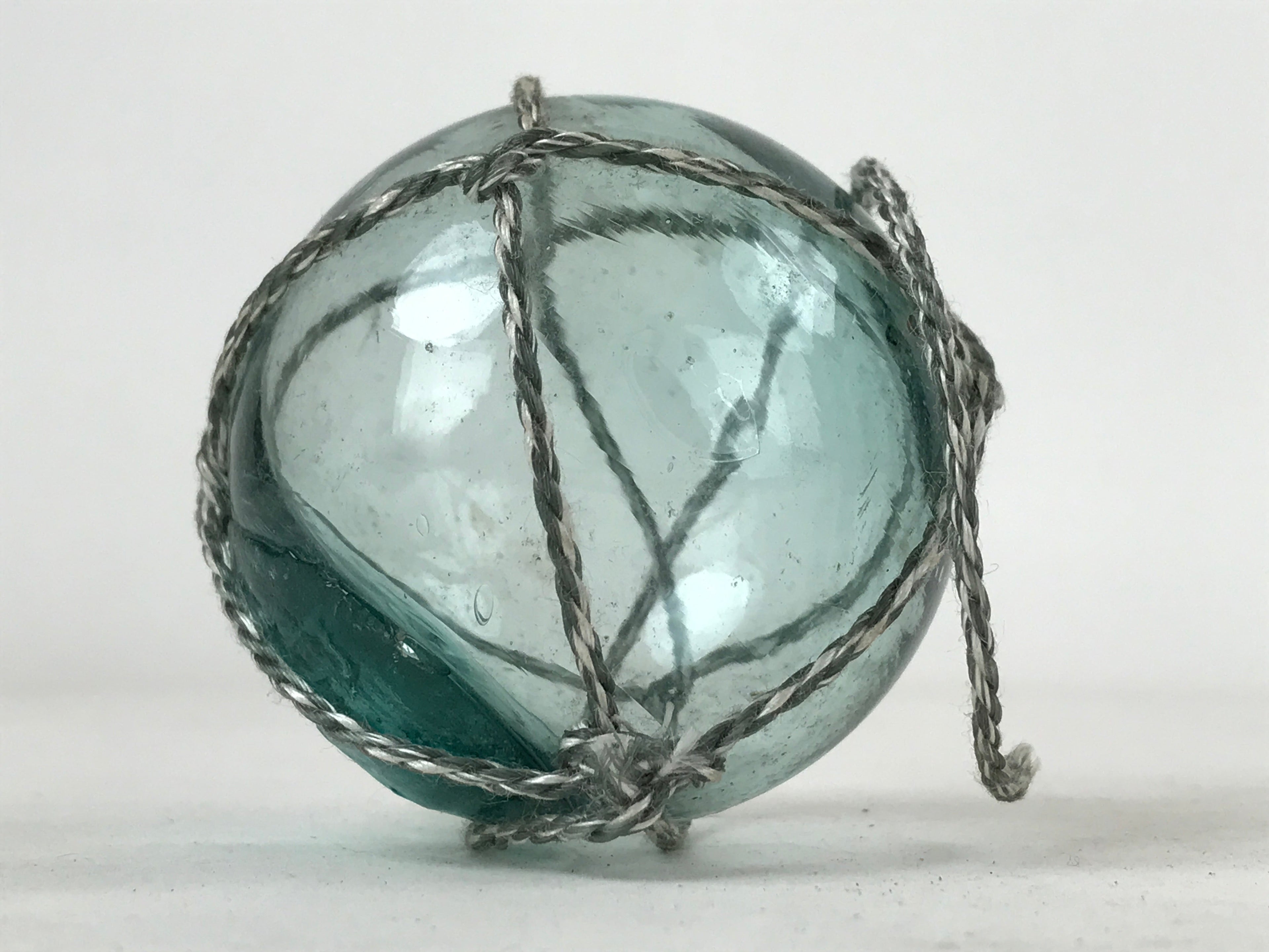 Japanese Glass Fishing Float Ukidama Buoy Ball Vtg Bindama Rope Small Blue GF22