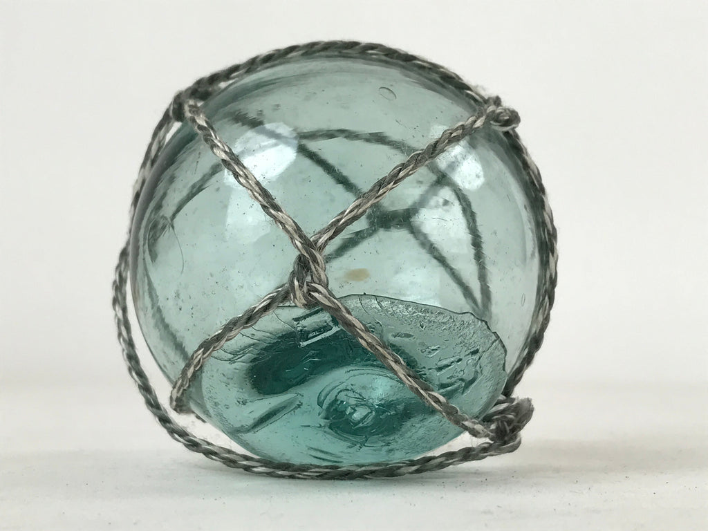 Japanese Glass Fishing Float Ukidama Buoy Ball Vtg Bindama Rope Small Blue GF22