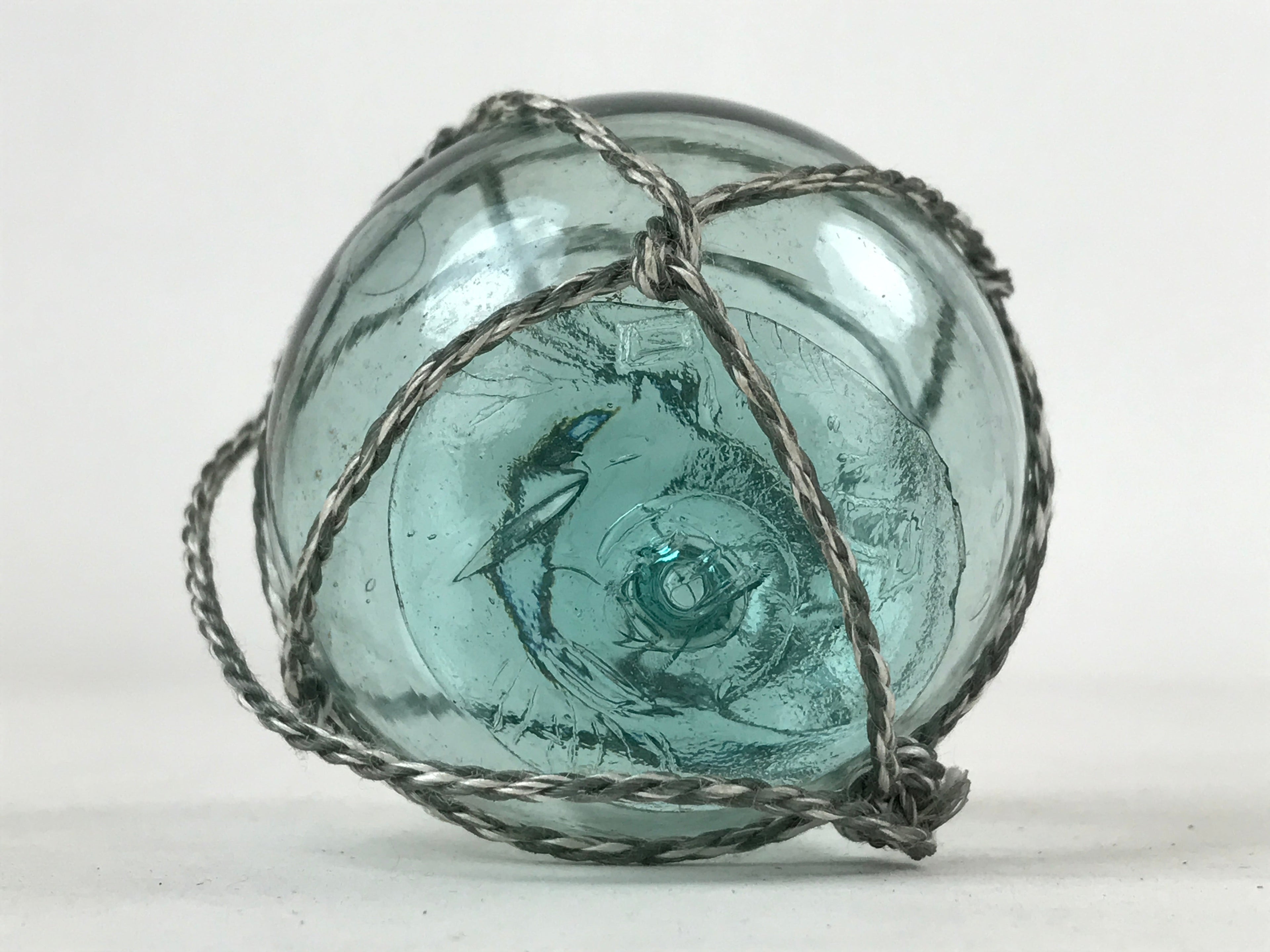 Japanese Glass Fishing Float Ukidama Buoy Ball Vtg Bindama Rope Small Blue GF22