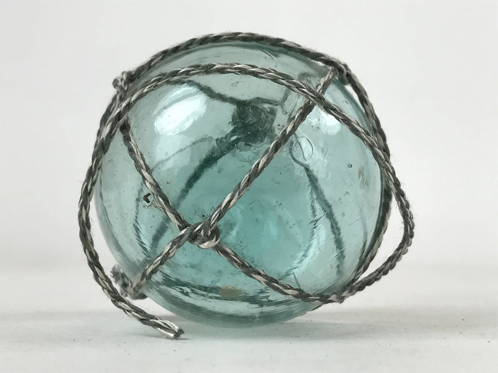Japanese Glass Fishing Float Ukidama Buoy Ball Vtg Bindama Rope Small Blue GF22