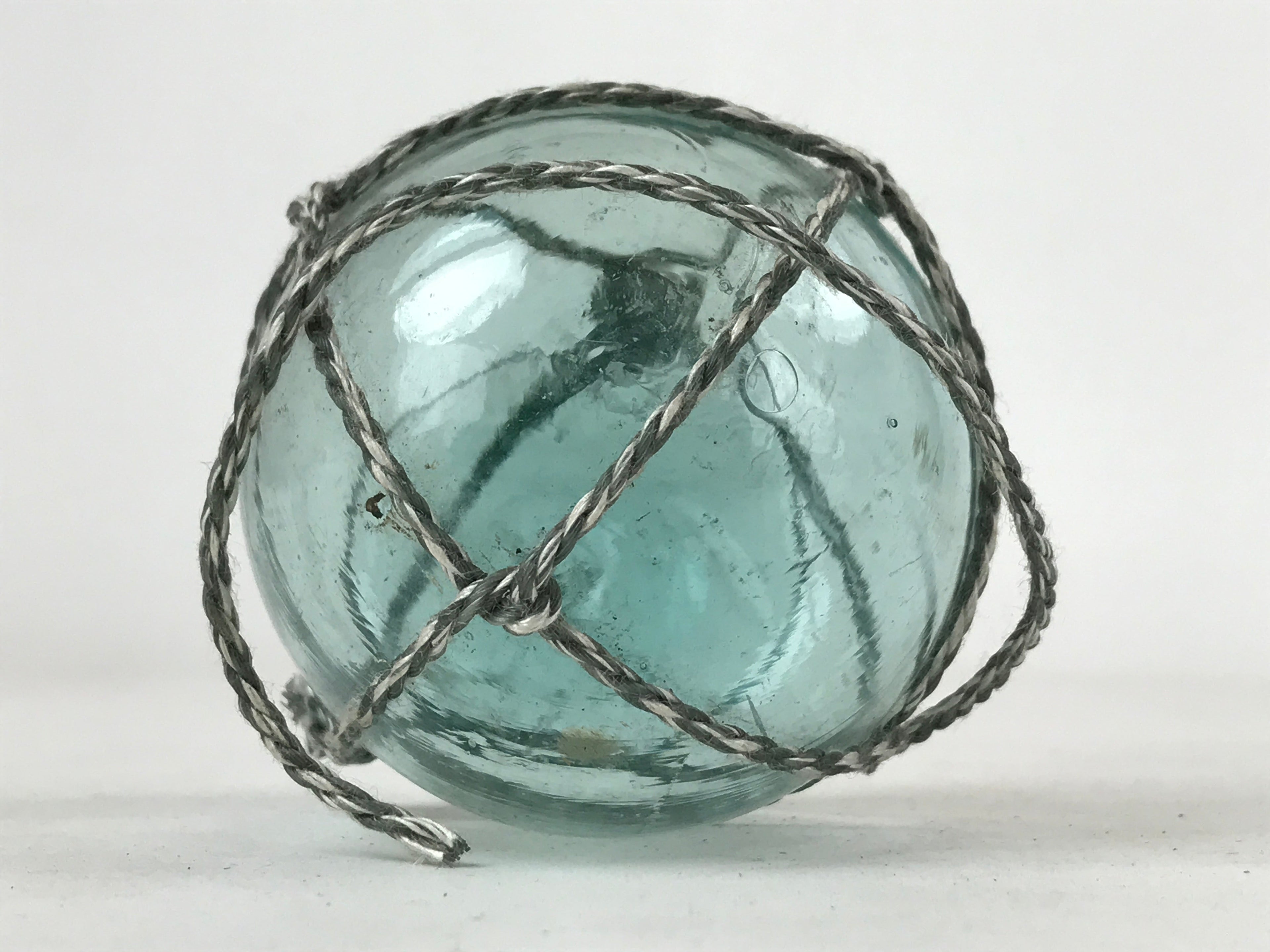 Japanese Glass Fishing Float Ukidama Buoy Ball Vtg Bindama Rope Small Blue GF22
