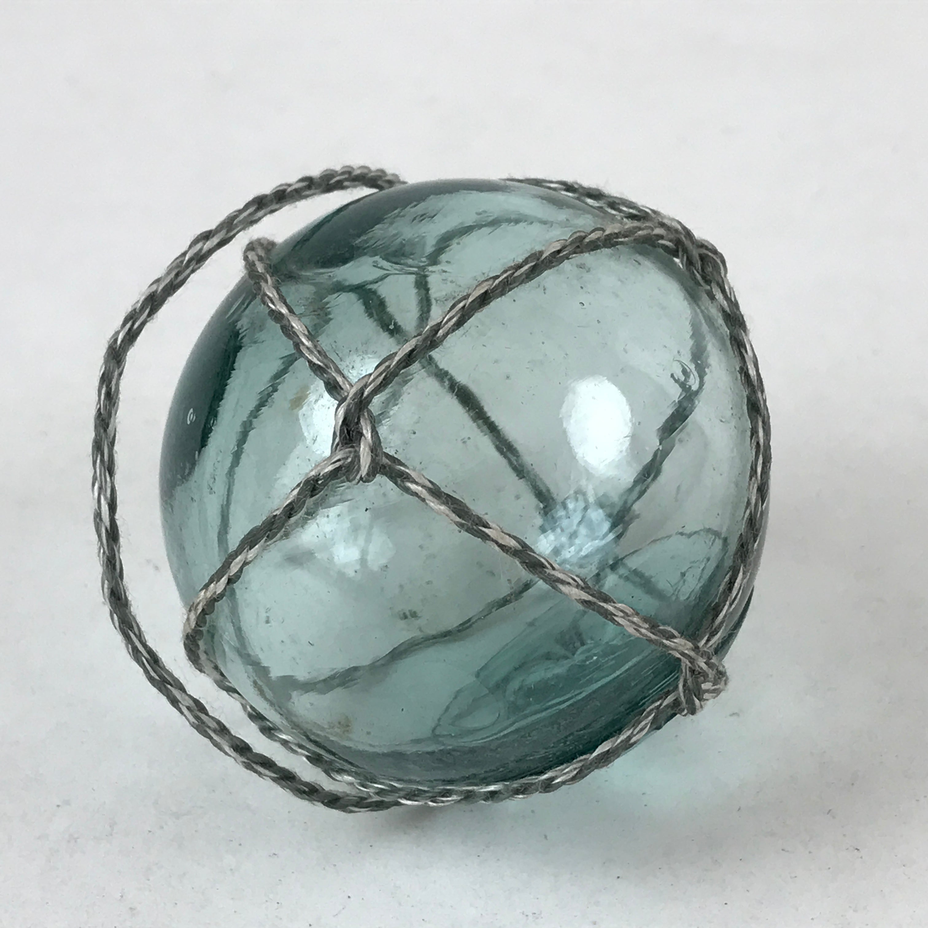 Japanese Glass Fishing Float Ukidama Buoy Ball Vtg Bindama Rope Small Blue GF22