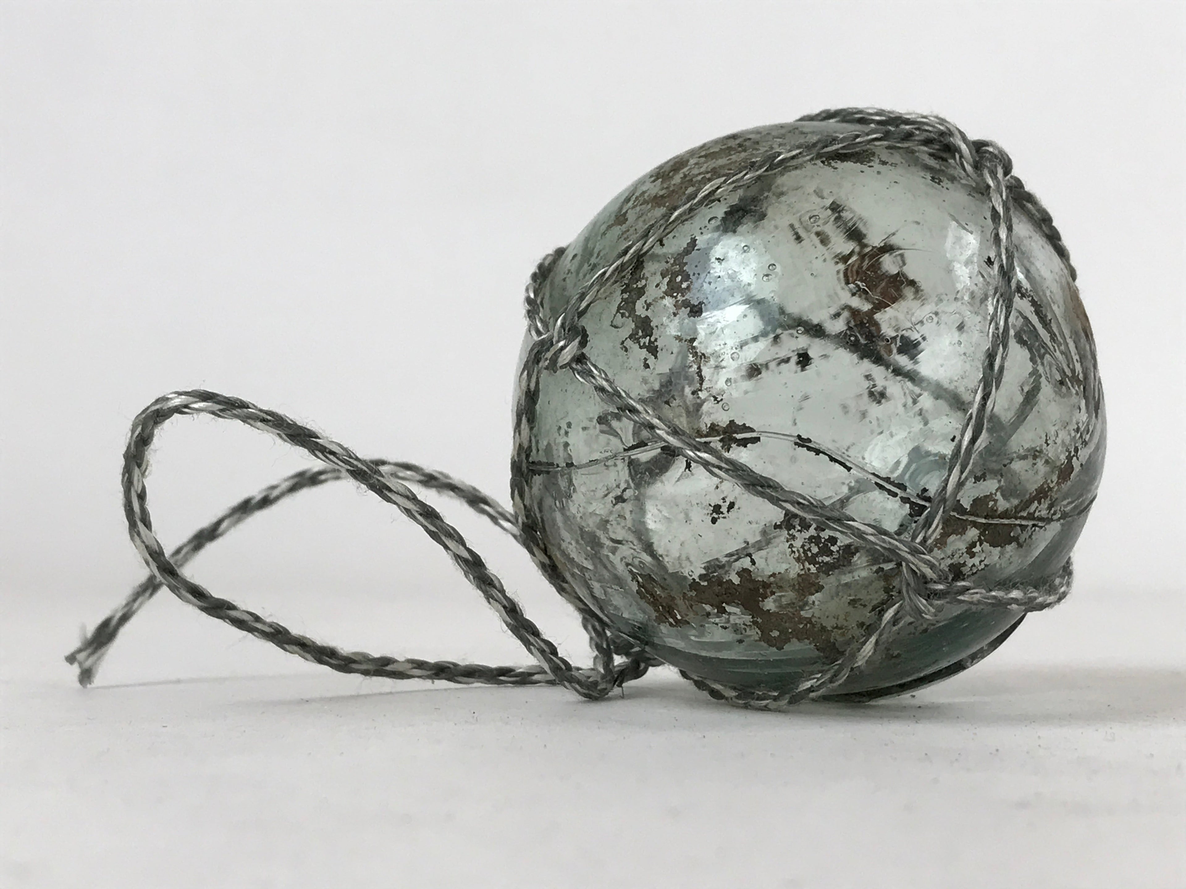 Japanese Glass Fishing Float Ukidama Buoy Ball Vtg Bindama Rope Small Blue GF23