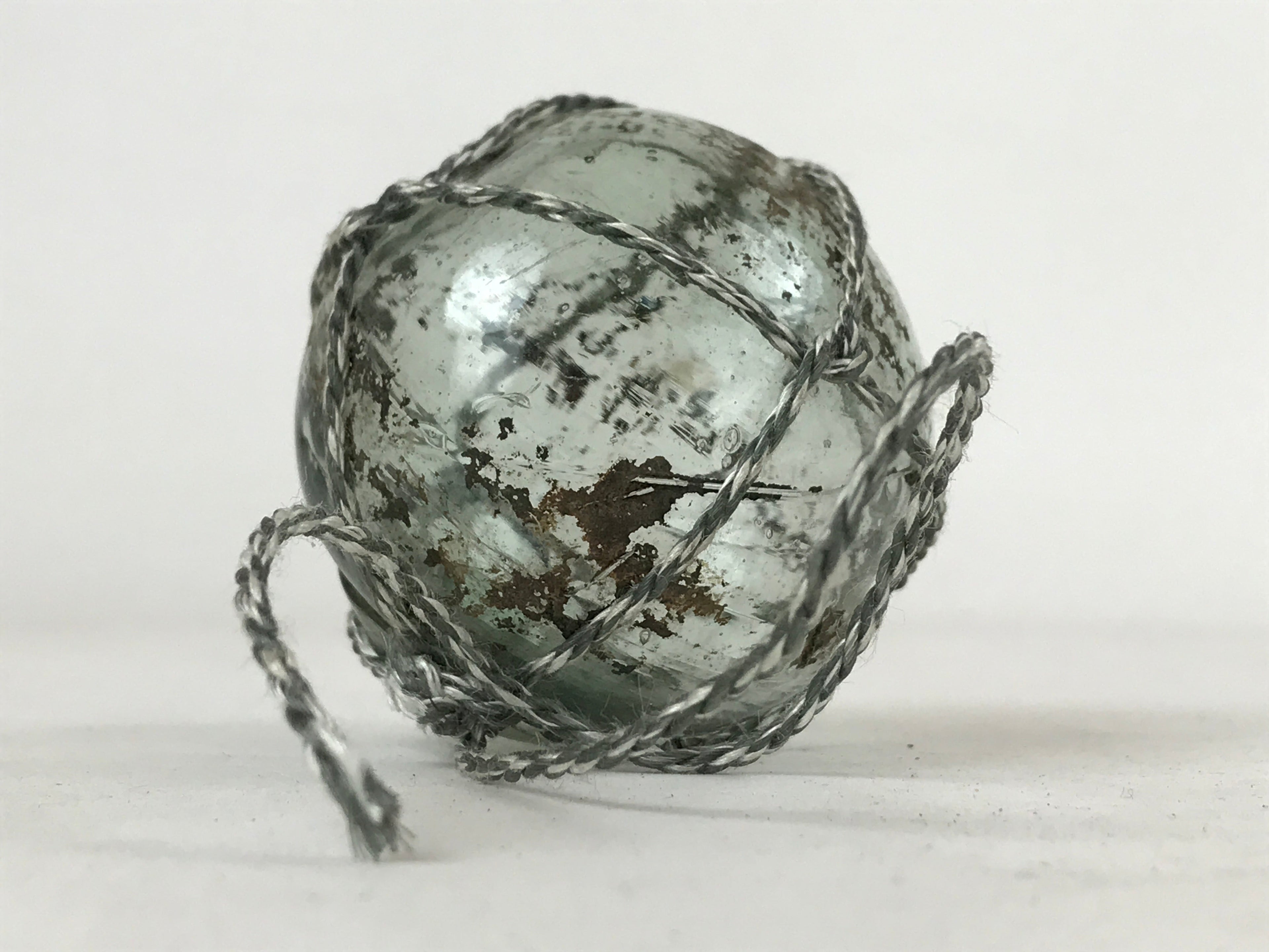 Japanese Glass Fishing Float Ukidama Buoy Ball Vtg Bindama Rope Small Blue GF23