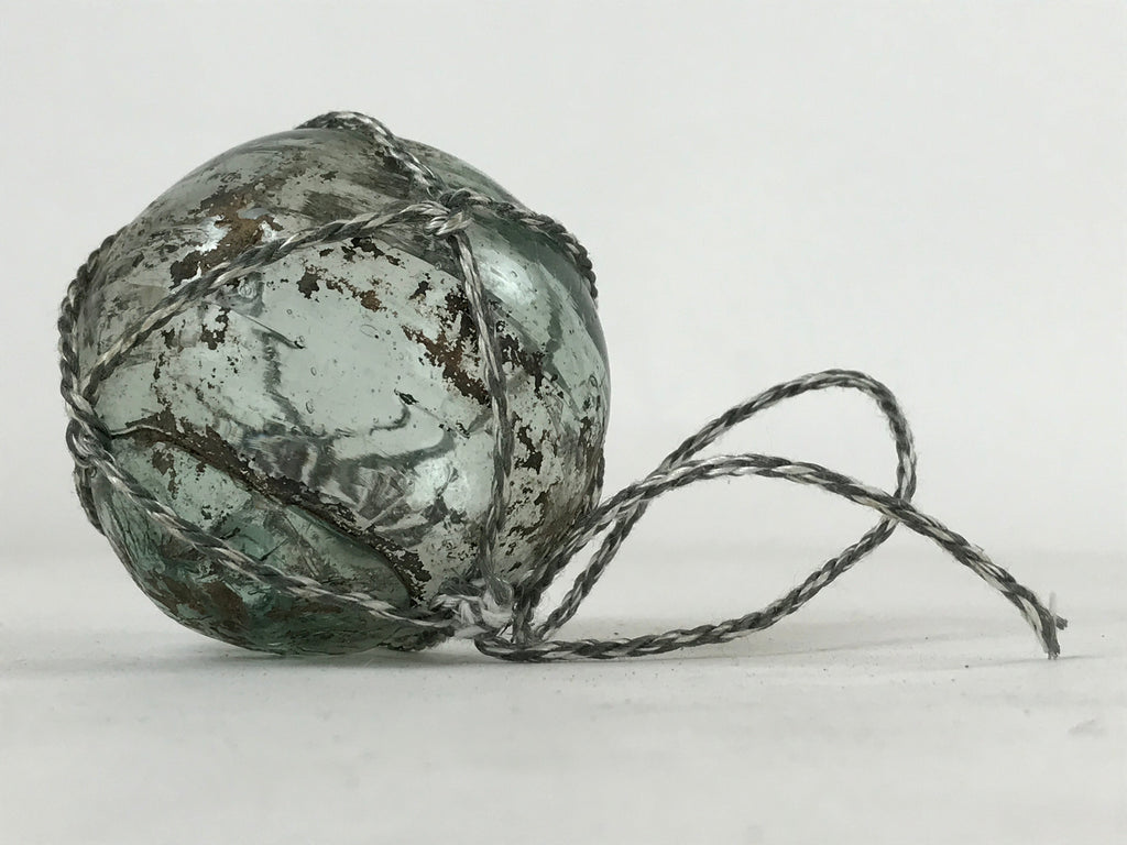 Japanese Glass Fishing Float Ukidama Buoy Ball Vtg Bindama Rope Small Blue GF23