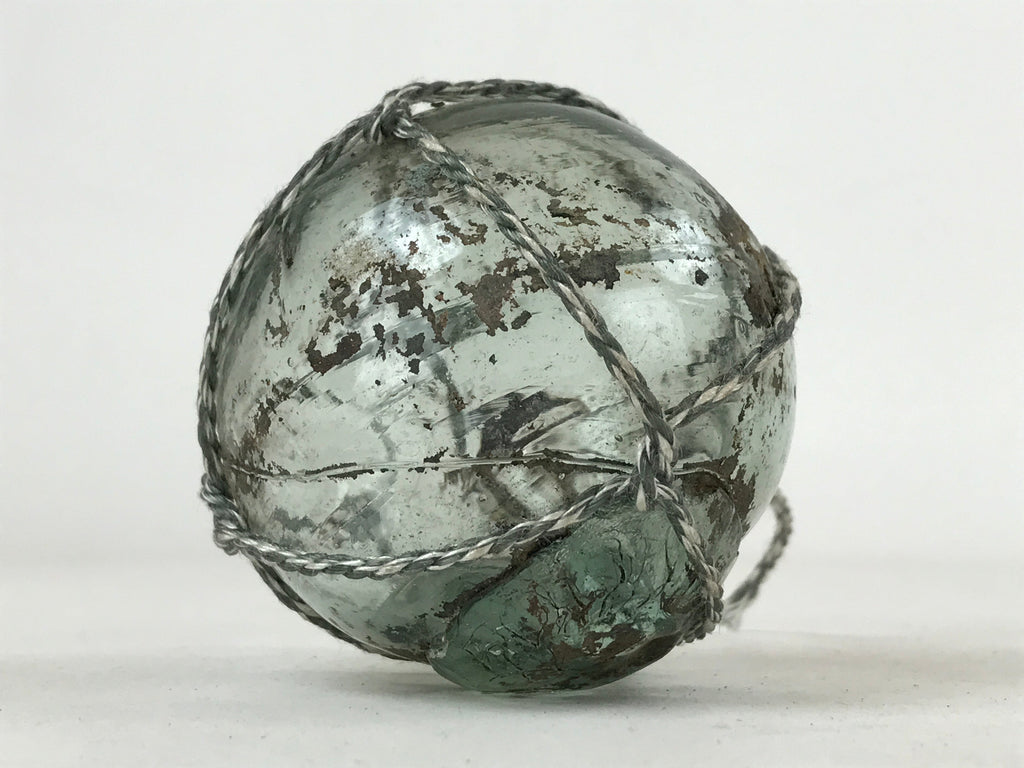 Japanese Glass Fishing Float Ukidama Buoy Ball Vtg Bindama Rope Small Blue GF23