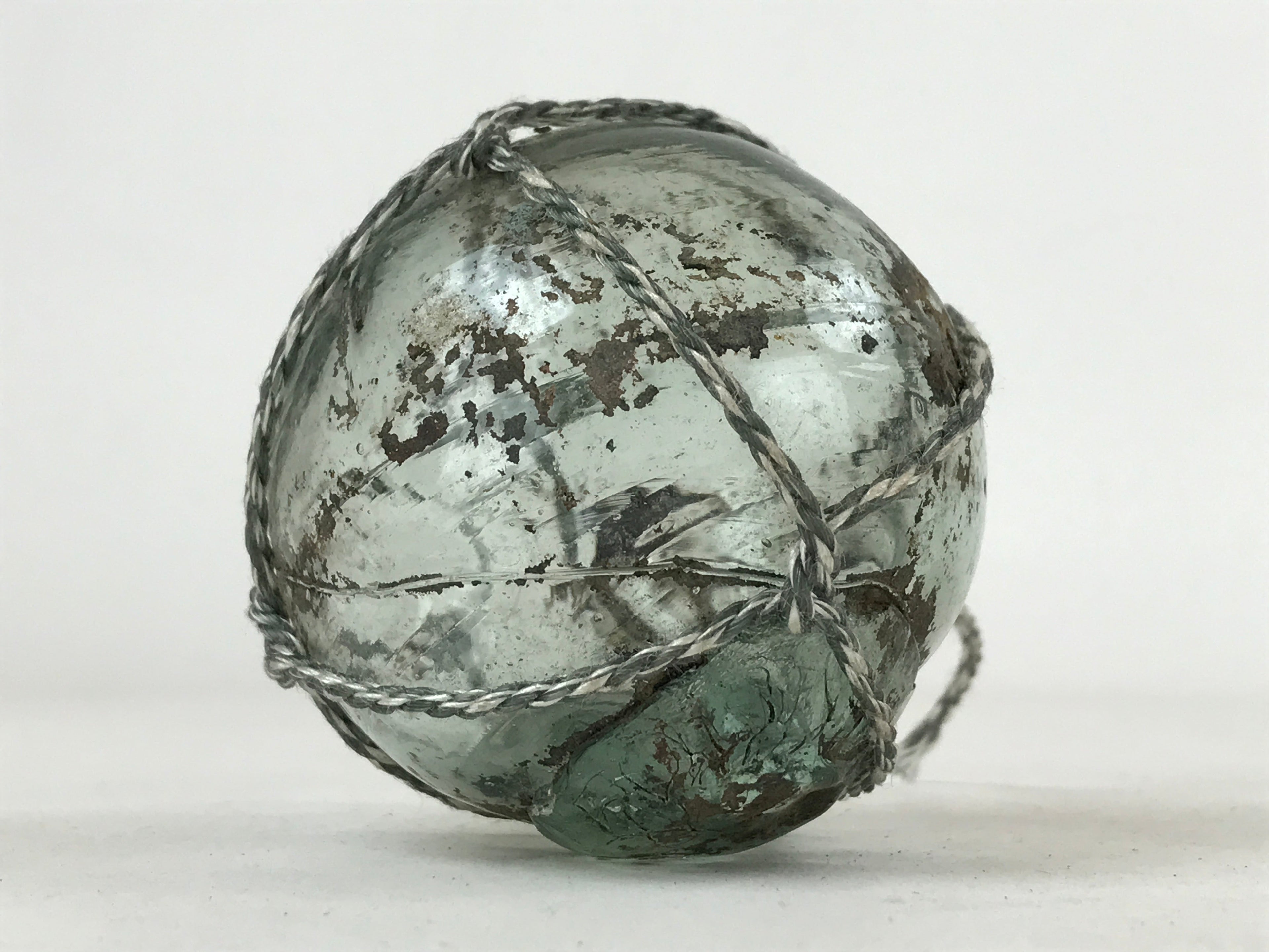 Japanese Glass Fishing Float Ukidama Buoy Ball Vtg Bindama Rope Small Blue GF23