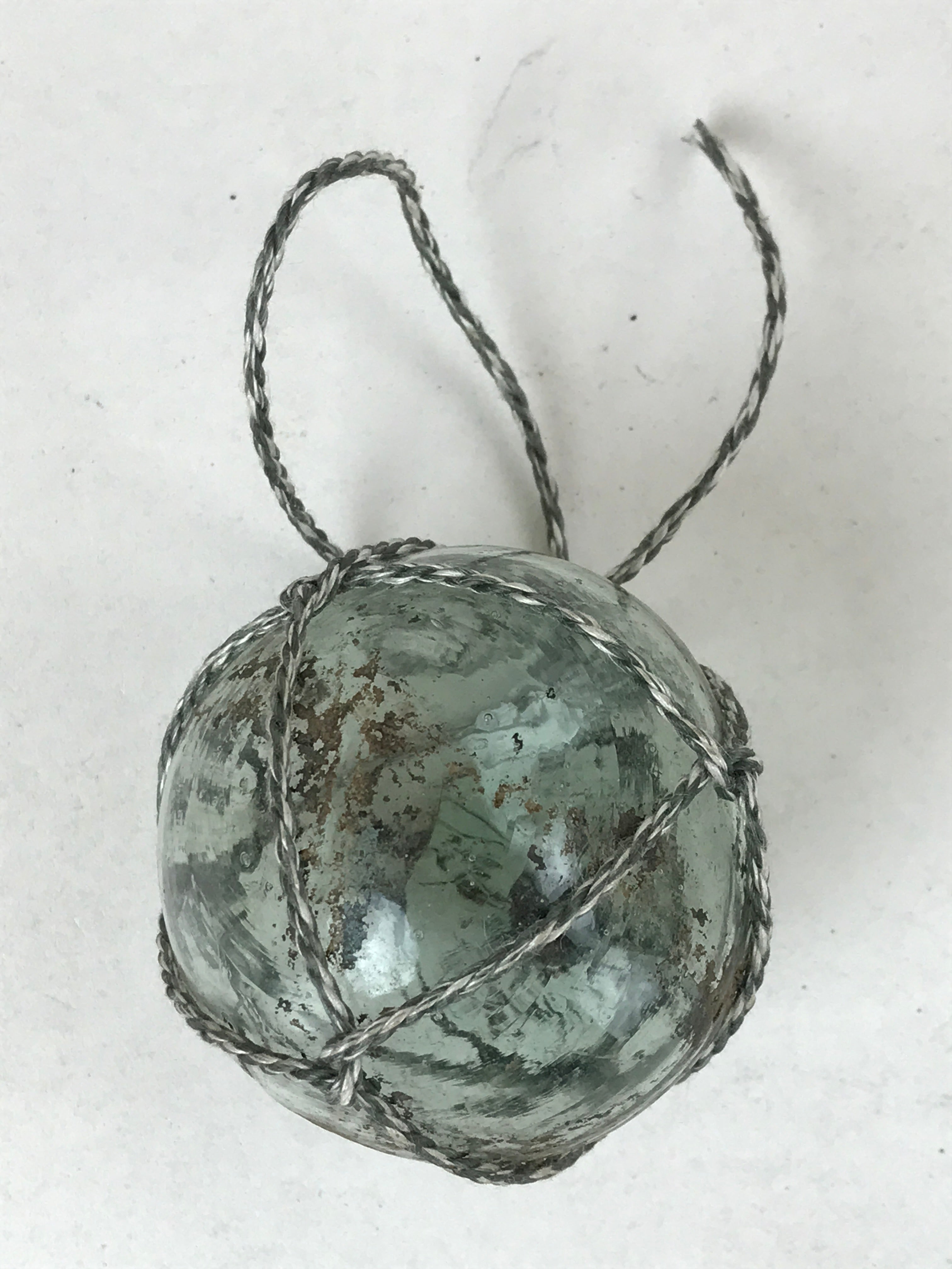 Japanese Glass Fishing Float Ukidama Buoy Ball Vtg Bindama Rope Small Blue GF23