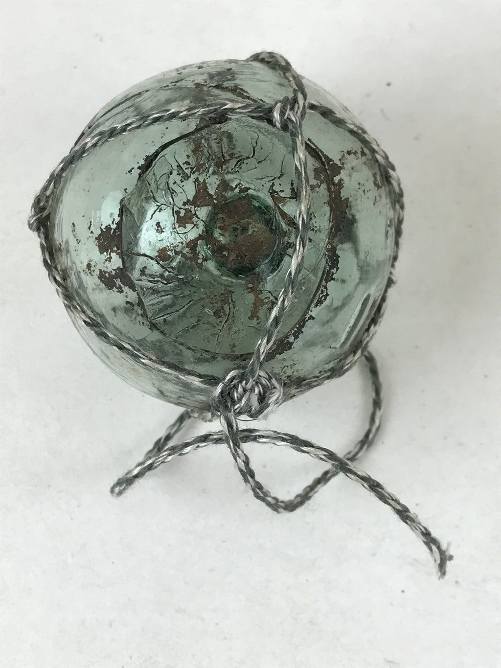 Japanese Glass Fishing Float Ukidama Buoy Ball Vtg Bindama Rope Small Blue GF23