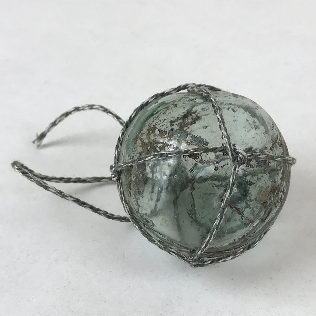 Japanese Glass Fishing Float Ukidama Buoy Ball Vtg Bindama Rope Small Blue GF23