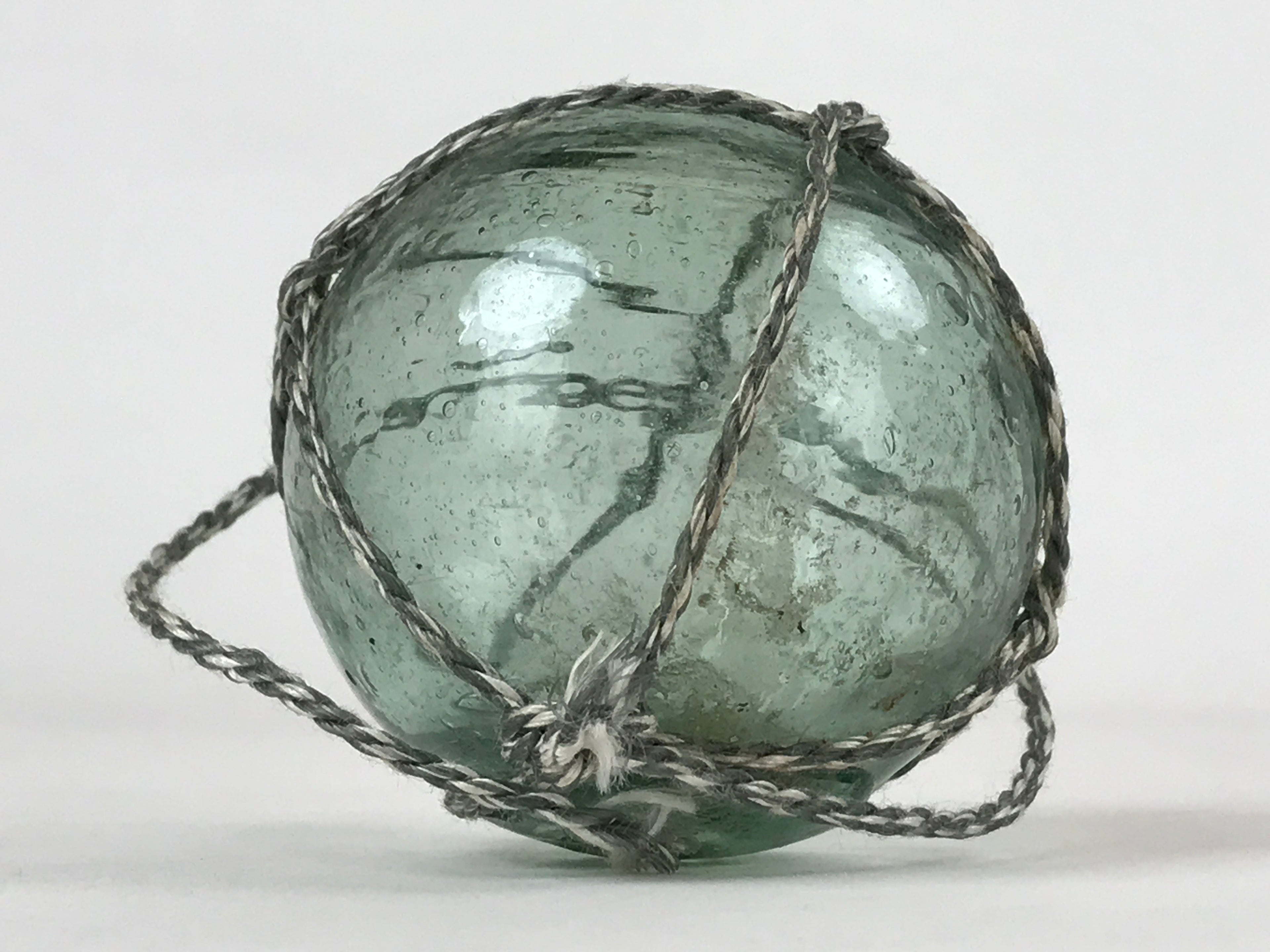Japanese Glass Fishing Float Ukidama Buoy Ball Vtg Bindama Rope Small Blue GF24