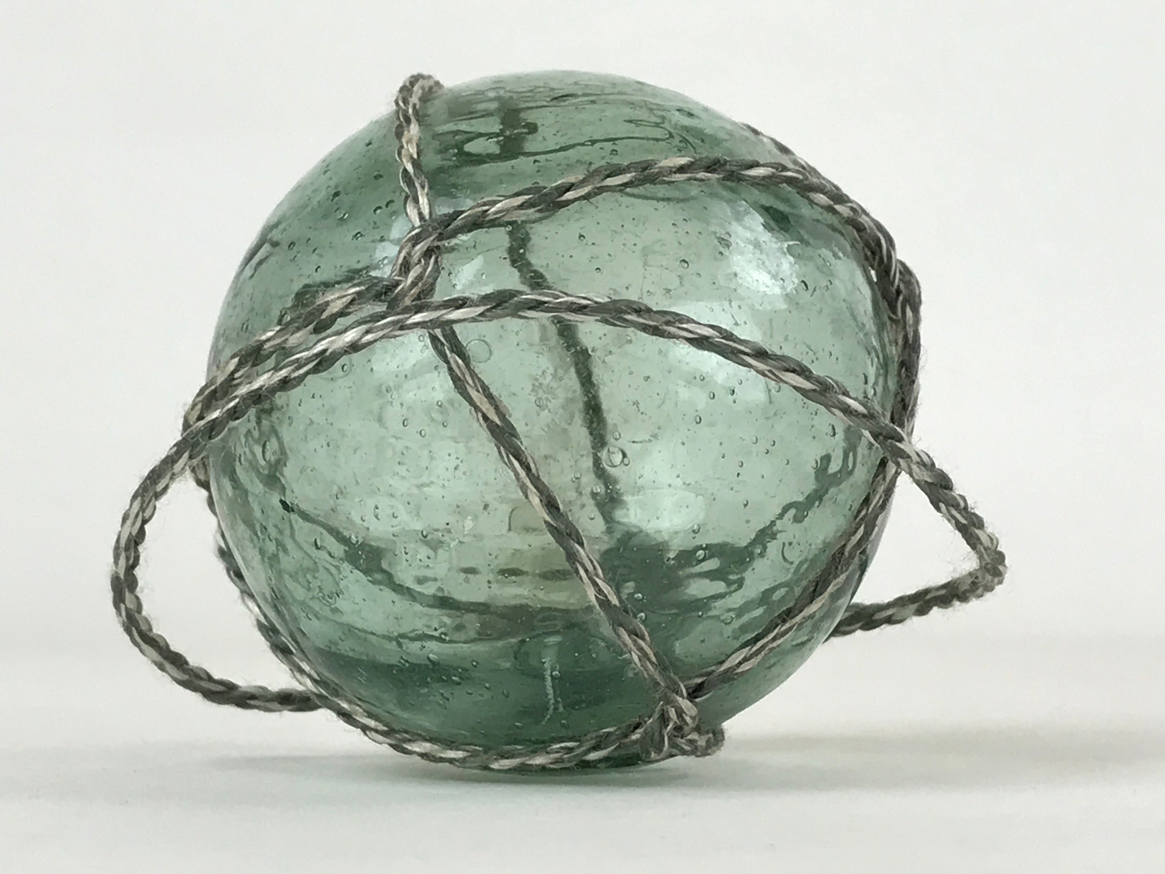 Japanese Glass Fishing Float Ukidama Buoy Ball Vtg Bindama Rope Small Blue GF24