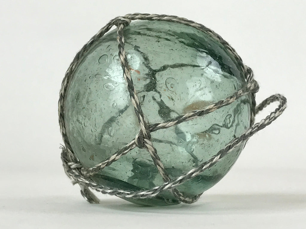 Japanese Glass Fishing Float Ukidama Buoy Ball Vtg Bindama Rope Small Blue GF24