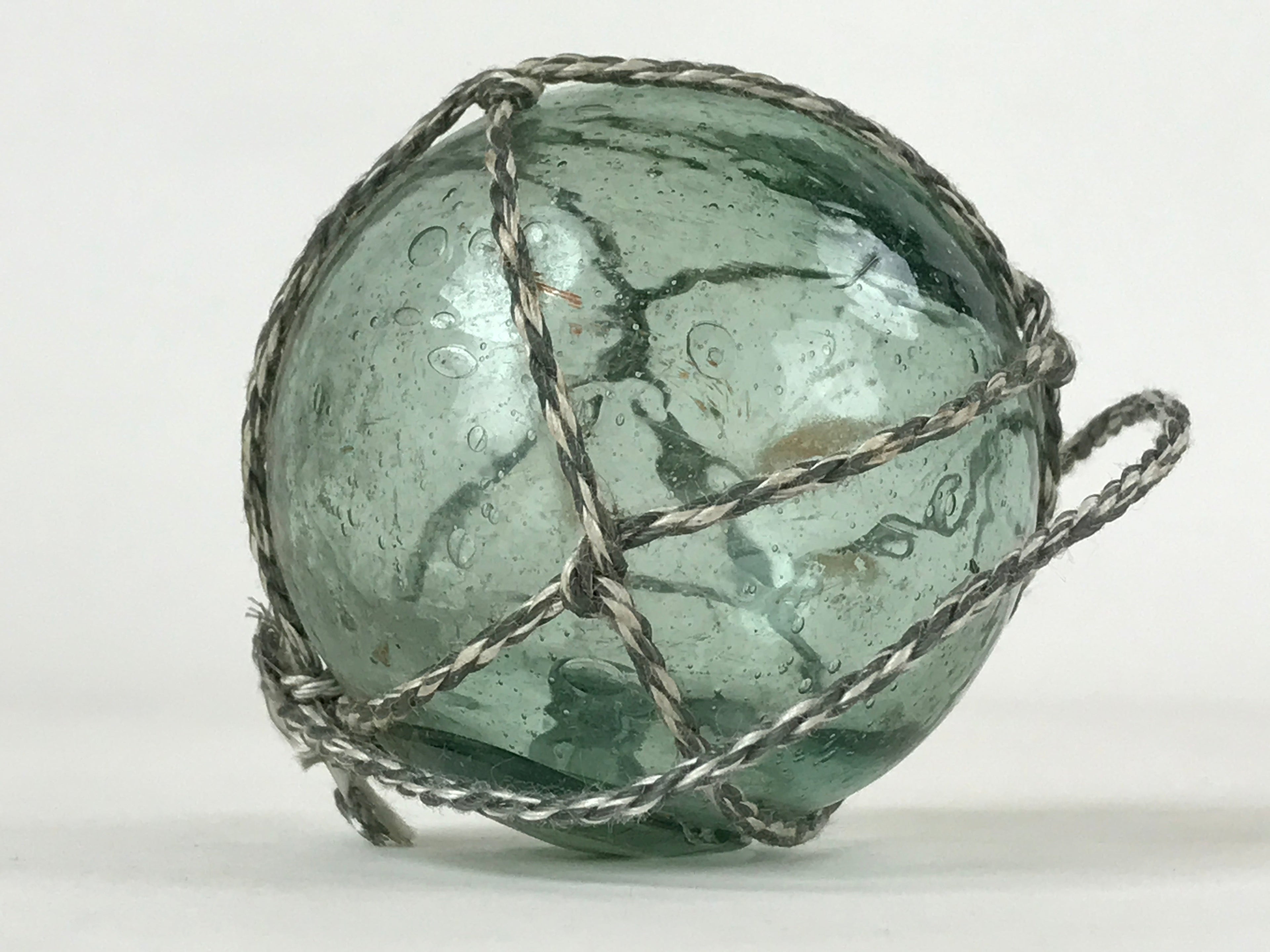 Japanese Glass Fishing Float Ukidama Buoy Ball Vtg Bindama Rope Small Blue GF24