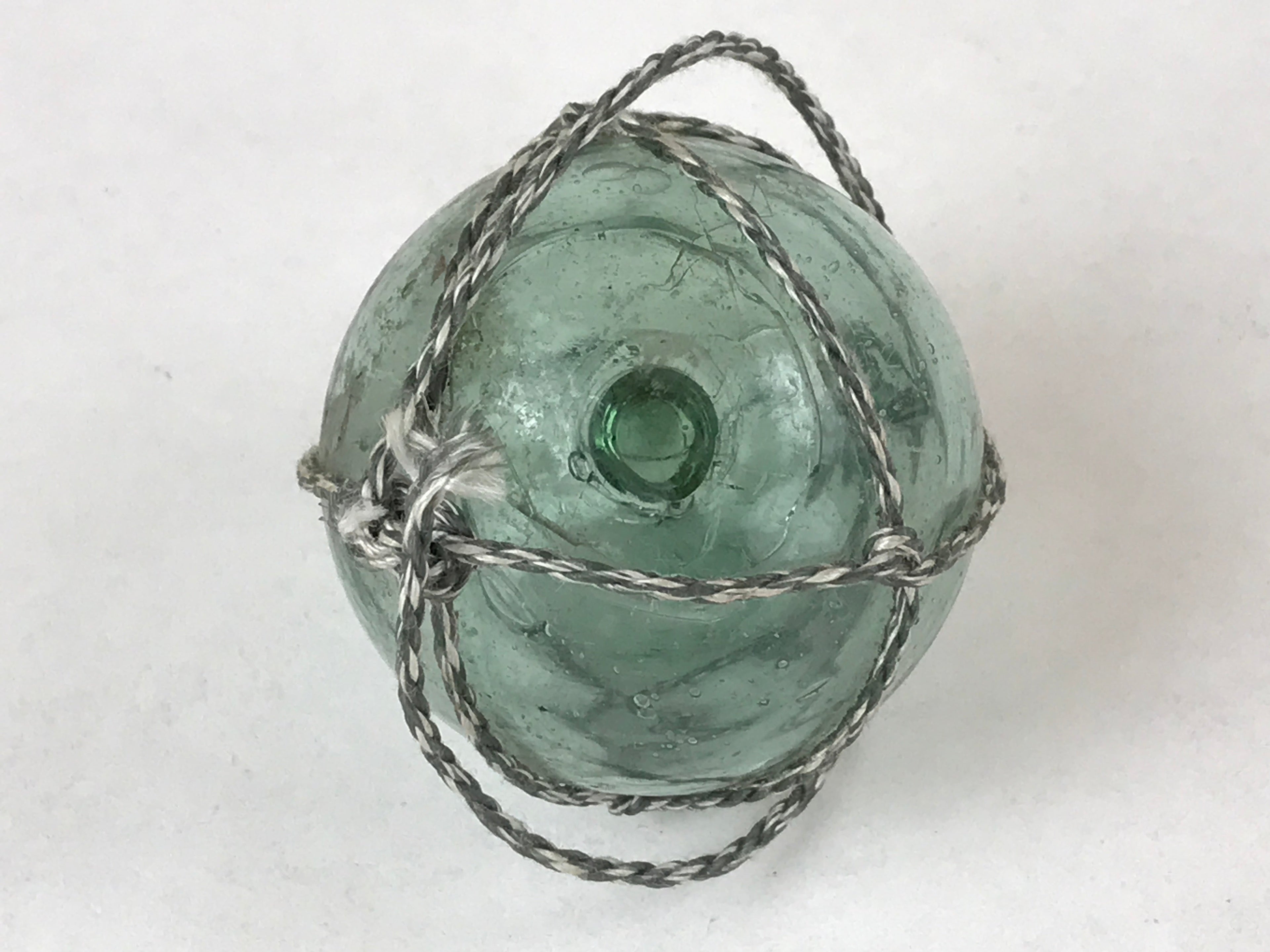 Japanese Glass Fishing Float Ukidama Buoy Ball Vtg Bindama Rope Small Blue GF24