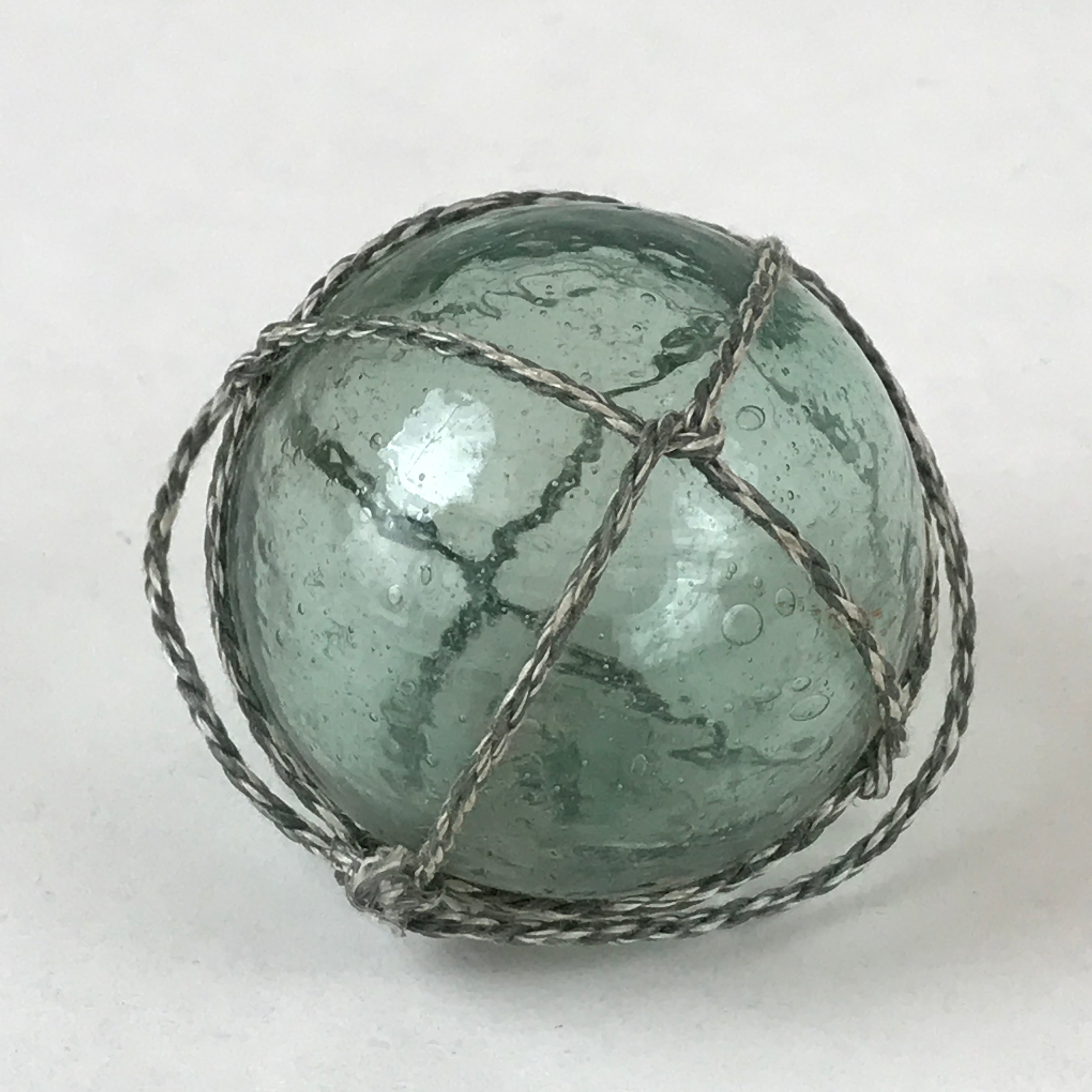 Japanese Glass Fishing Float Ukidama Buoy Ball Vtg Bindama Rope Small Blue GF24