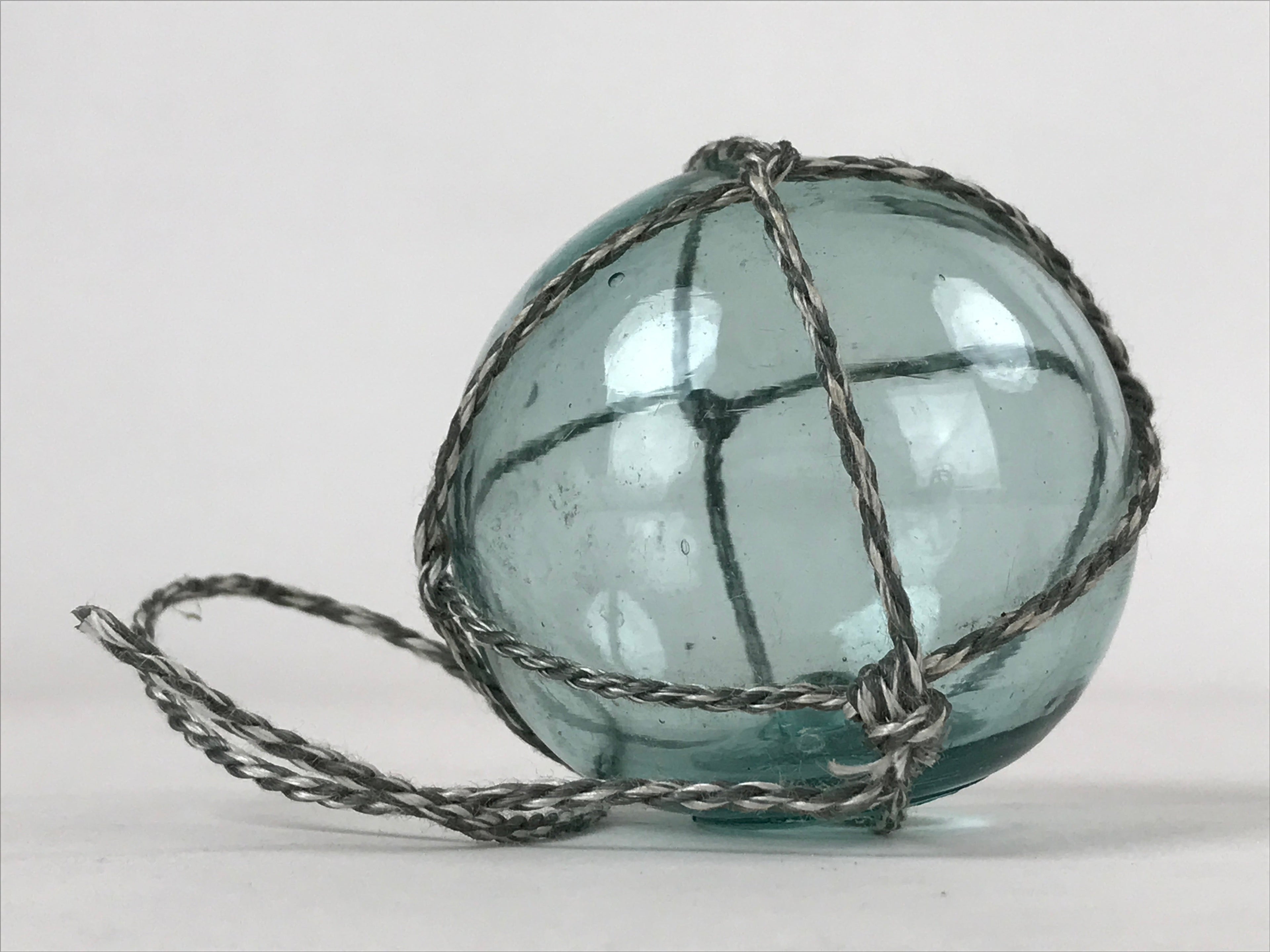Japanese Glass Fishing Float Ukidama Buoy Ball Vtg Bindama Rope Small Blue GF25