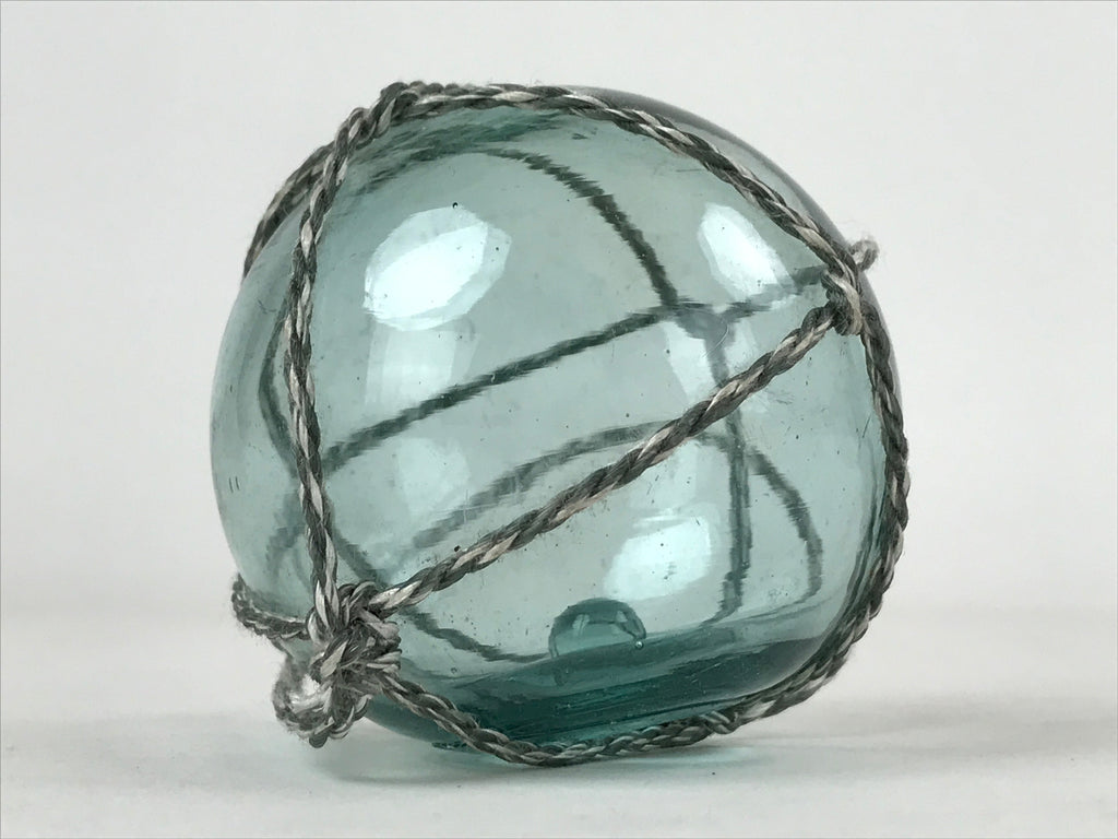 Japanese Glass Fishing Float Ukidama Buoy Ball Vtg Bindama Rope Small Blue GF25