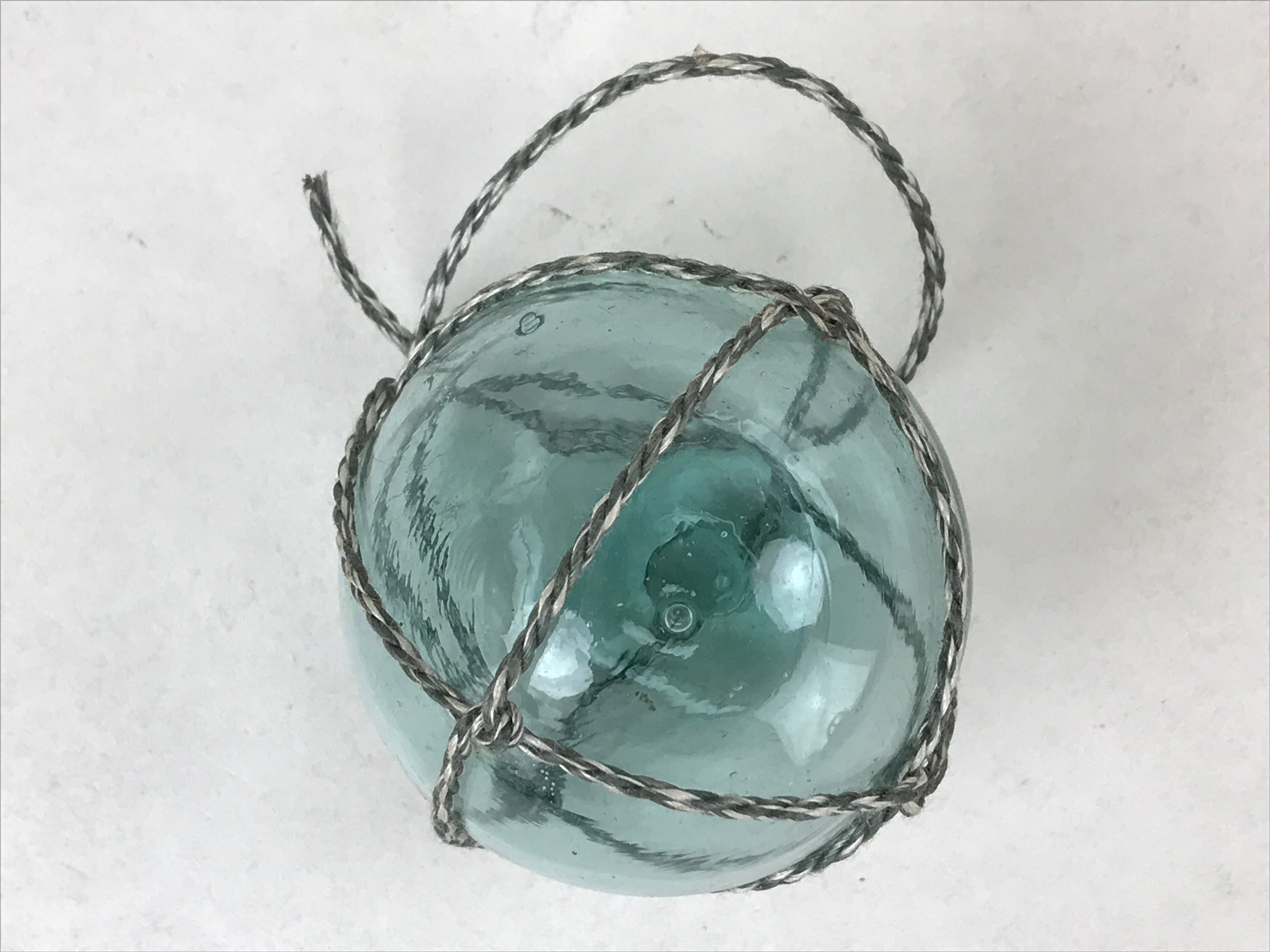 Japanese Glass Fishing Float Ukidama Buoy Ball Vtg Bindama Rope Small Blue GF25