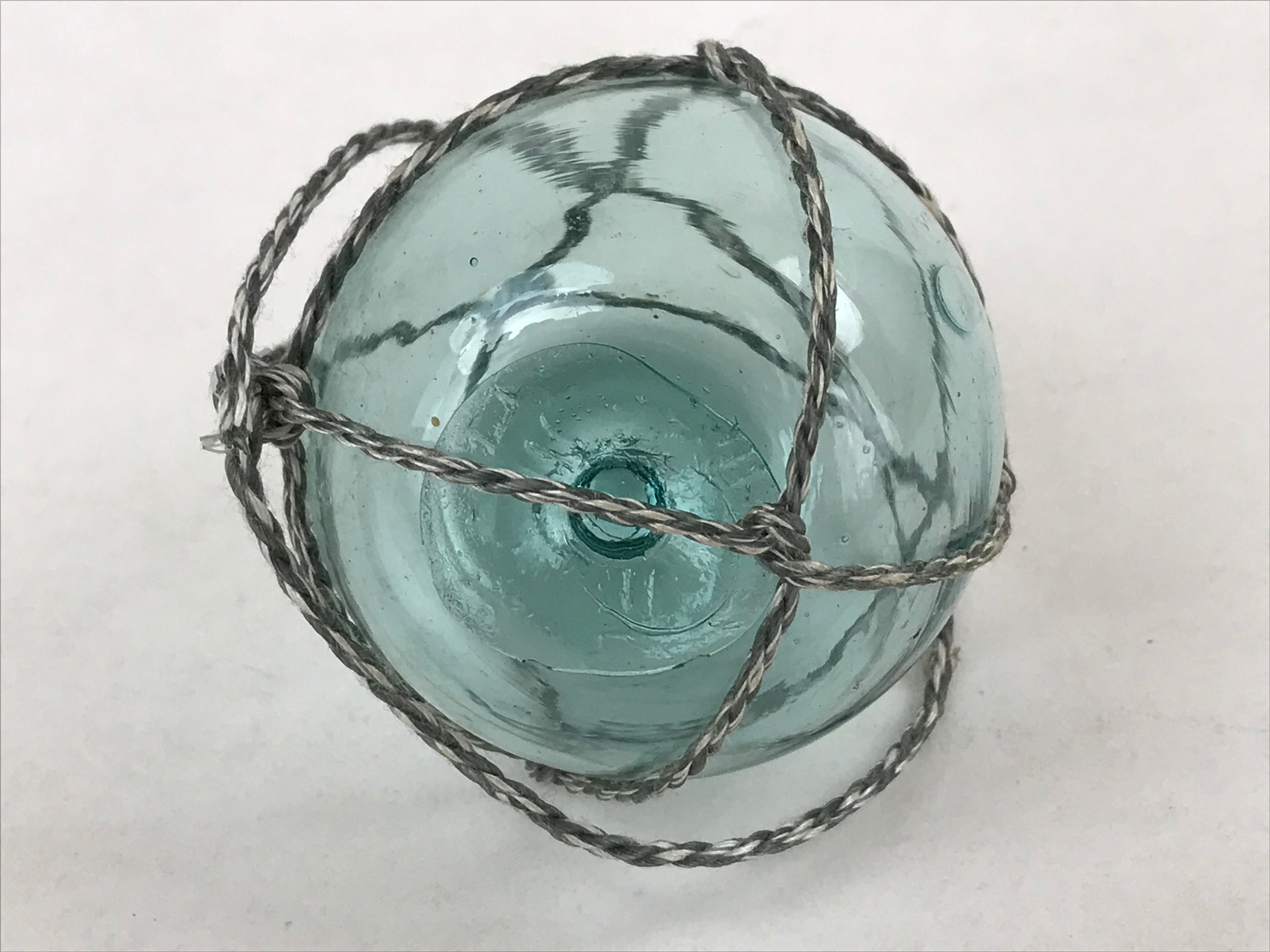 Japanese Glass Fishing Float Ukidama Buoy Ball Vtg Bindama Rope Small Blue GF25