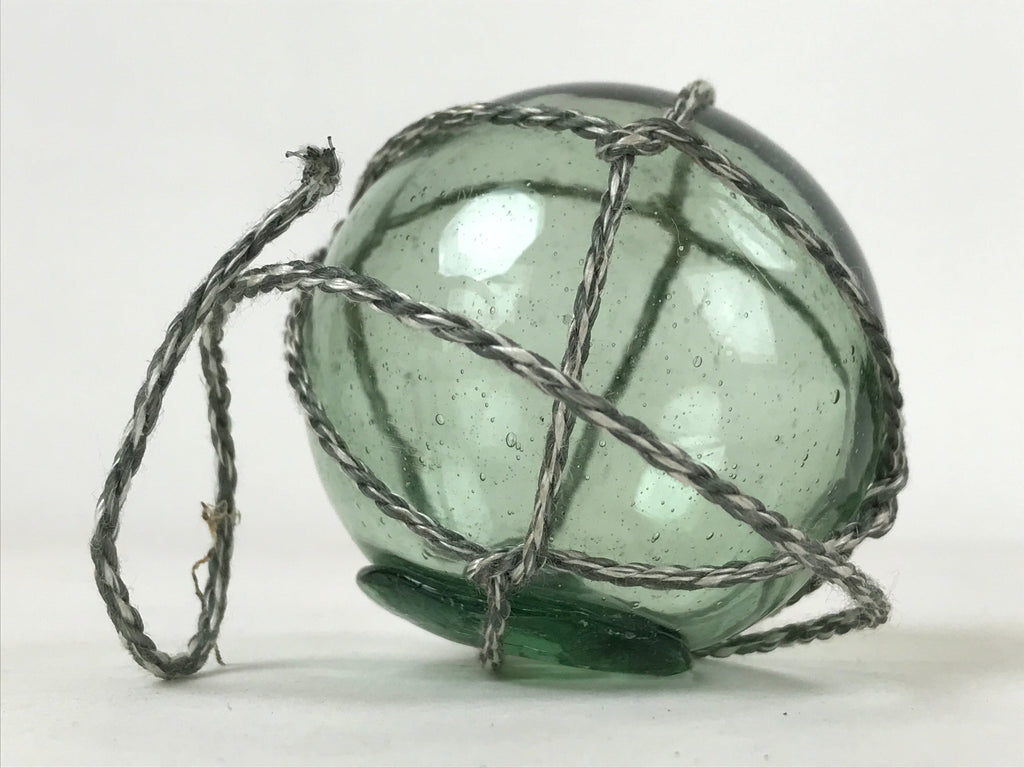 Japanese Glass Fishing Float Ukidama Buoy Ball Vtg Bindama Rope Small Blue GF26