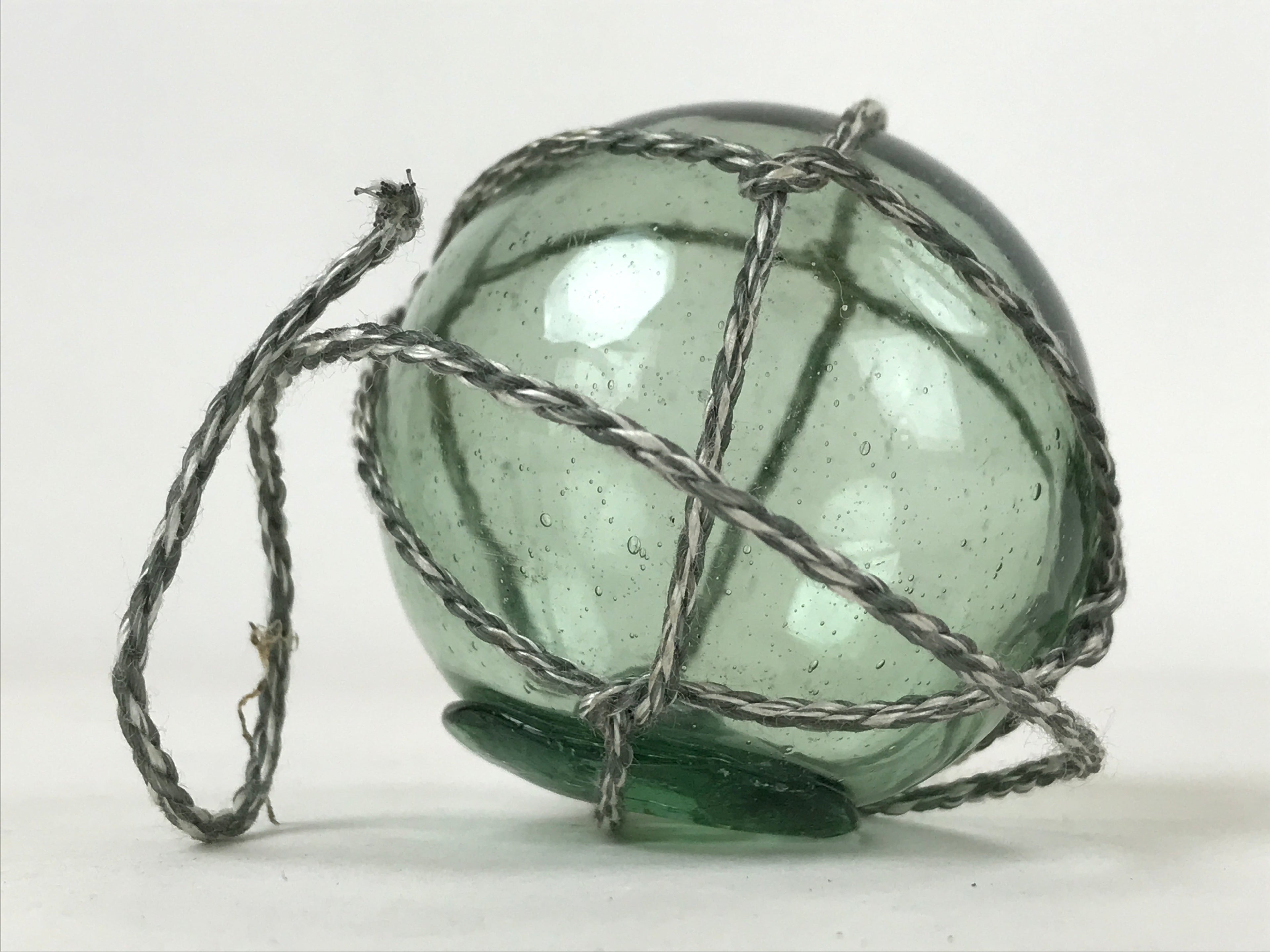 Japanese Glass Fishing Float Ukidama Buoy Ball Vtg Bindama Rope Small Blue GF26