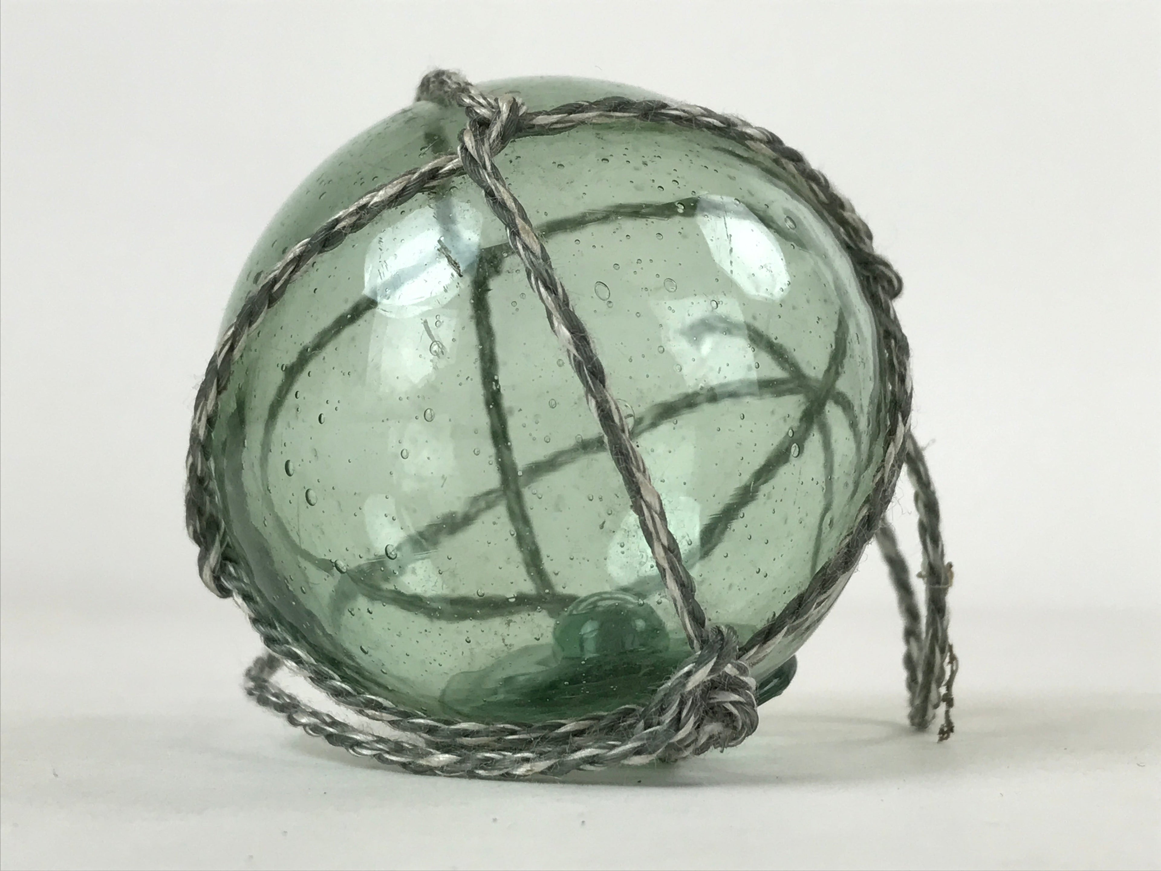 Japanese Glass Fishing Float Ukidama Buoy Ball Vtg Bindama Rope Small Blue GF26